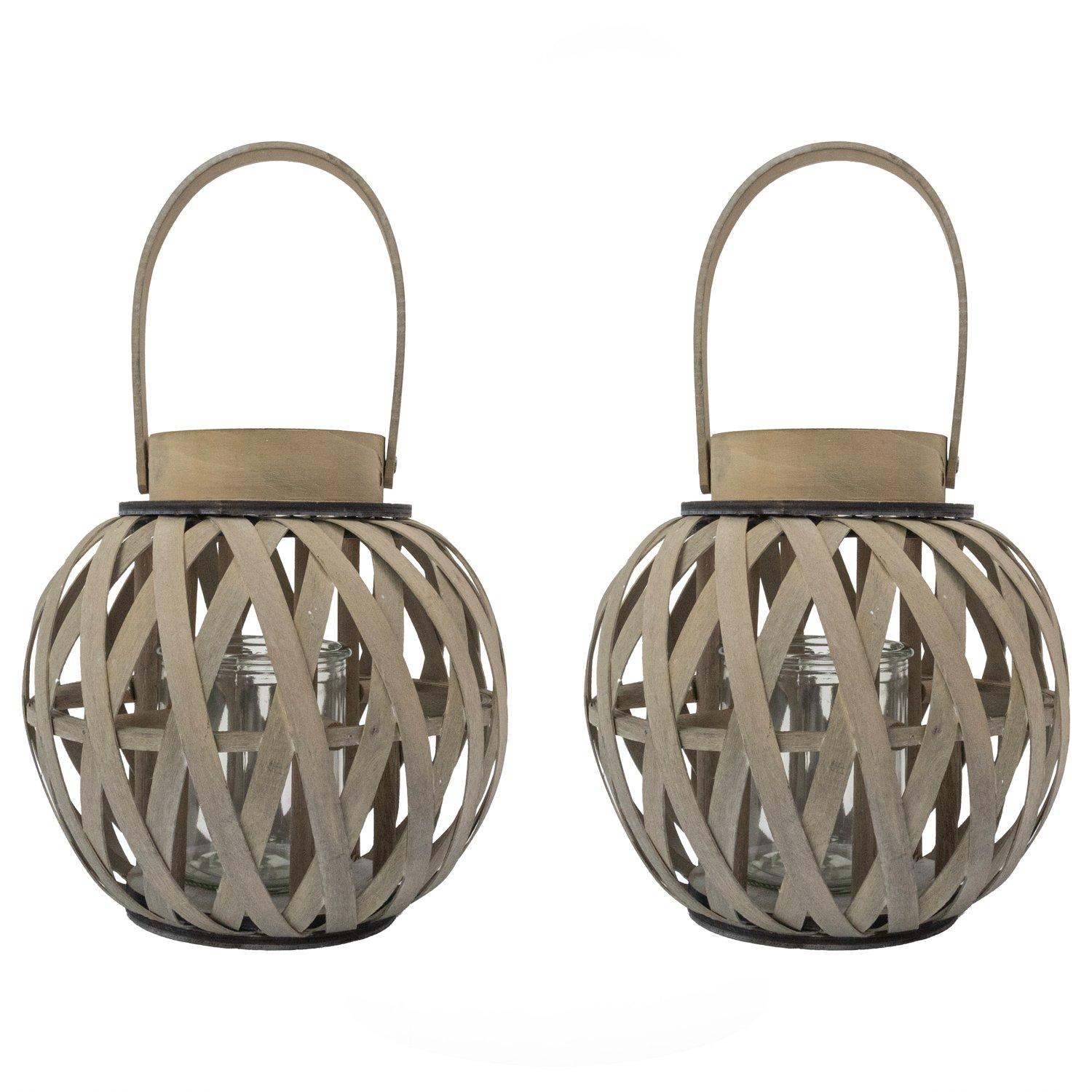 Jvl  Luna Natural Round Wood Lantern With Handle - Grey  of 2