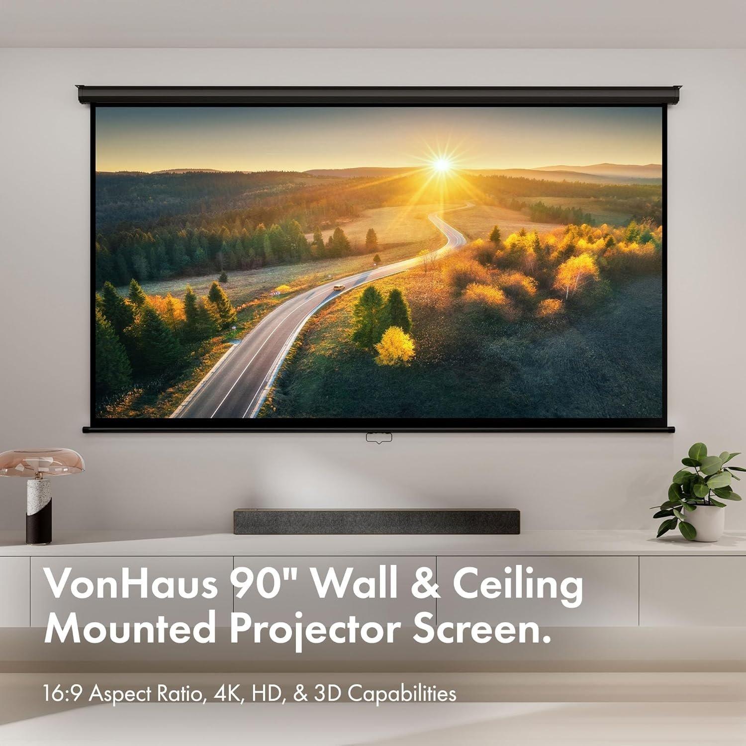 White - VonHaus - 90-Inch Pull-Down Projector Screen - 5
