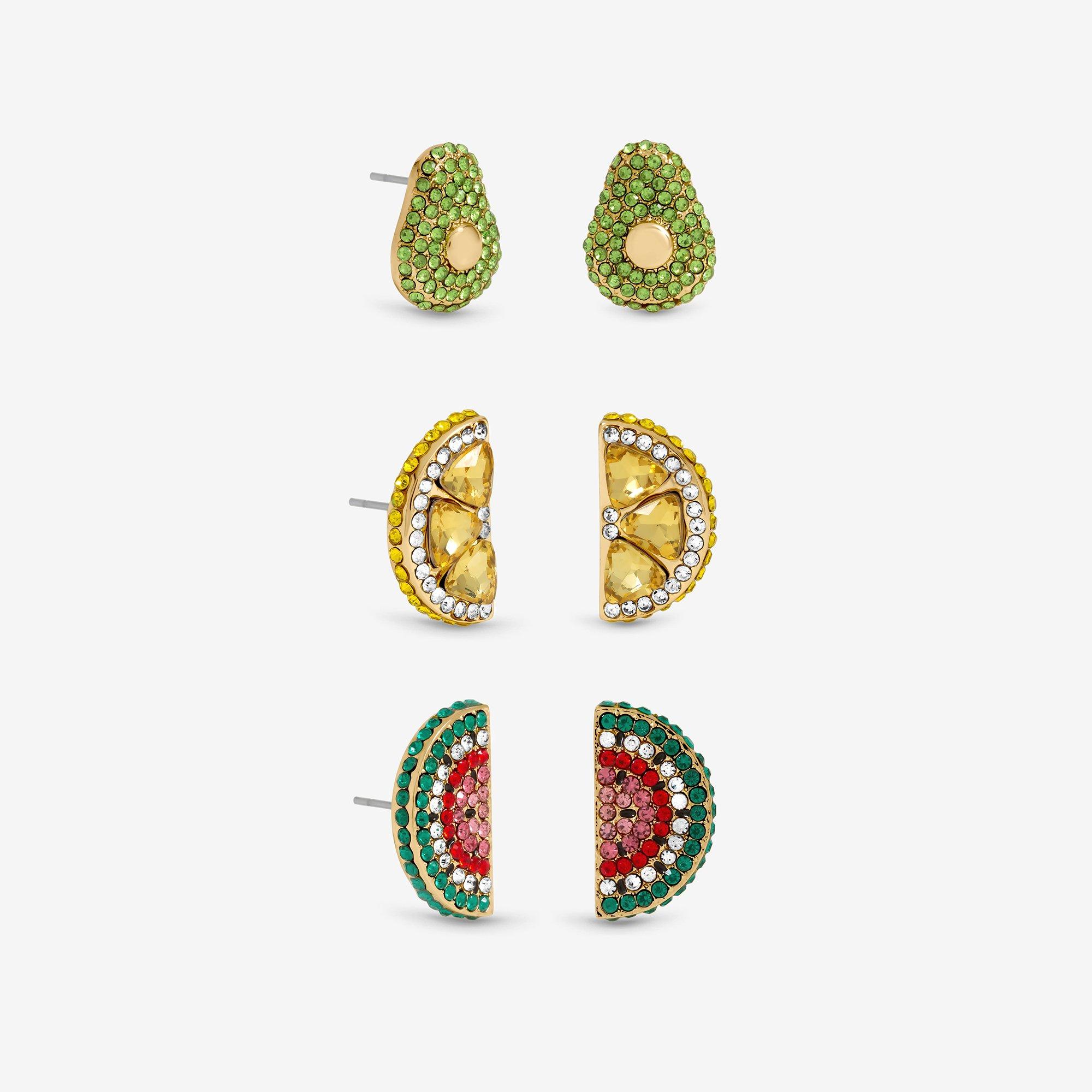 Gold - Mood - Gold Plated and Crystal Fruit Earrings - Pack of 3