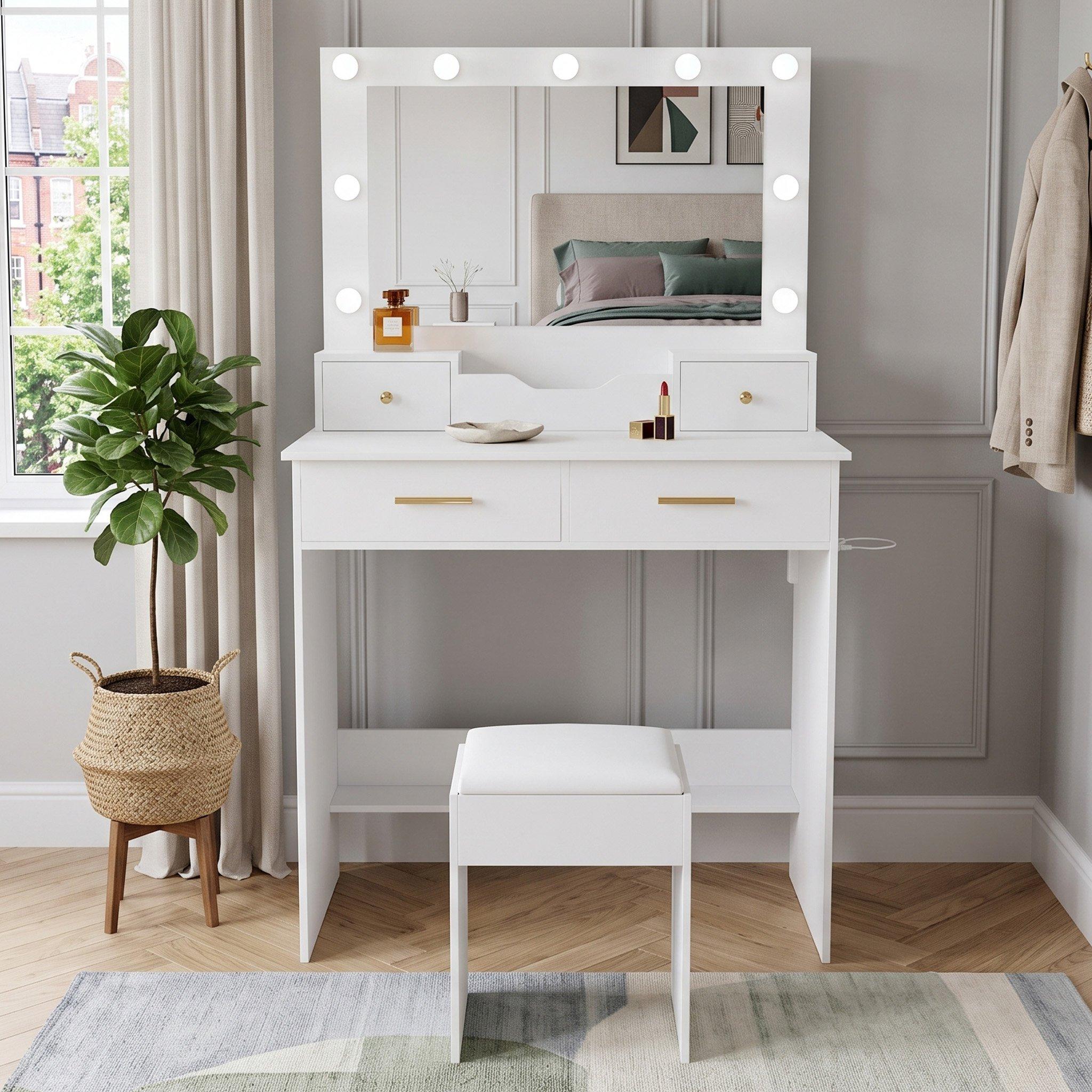 White - Urban Meuble - Makeup Vanity Desk with Hollywood Lights - 1