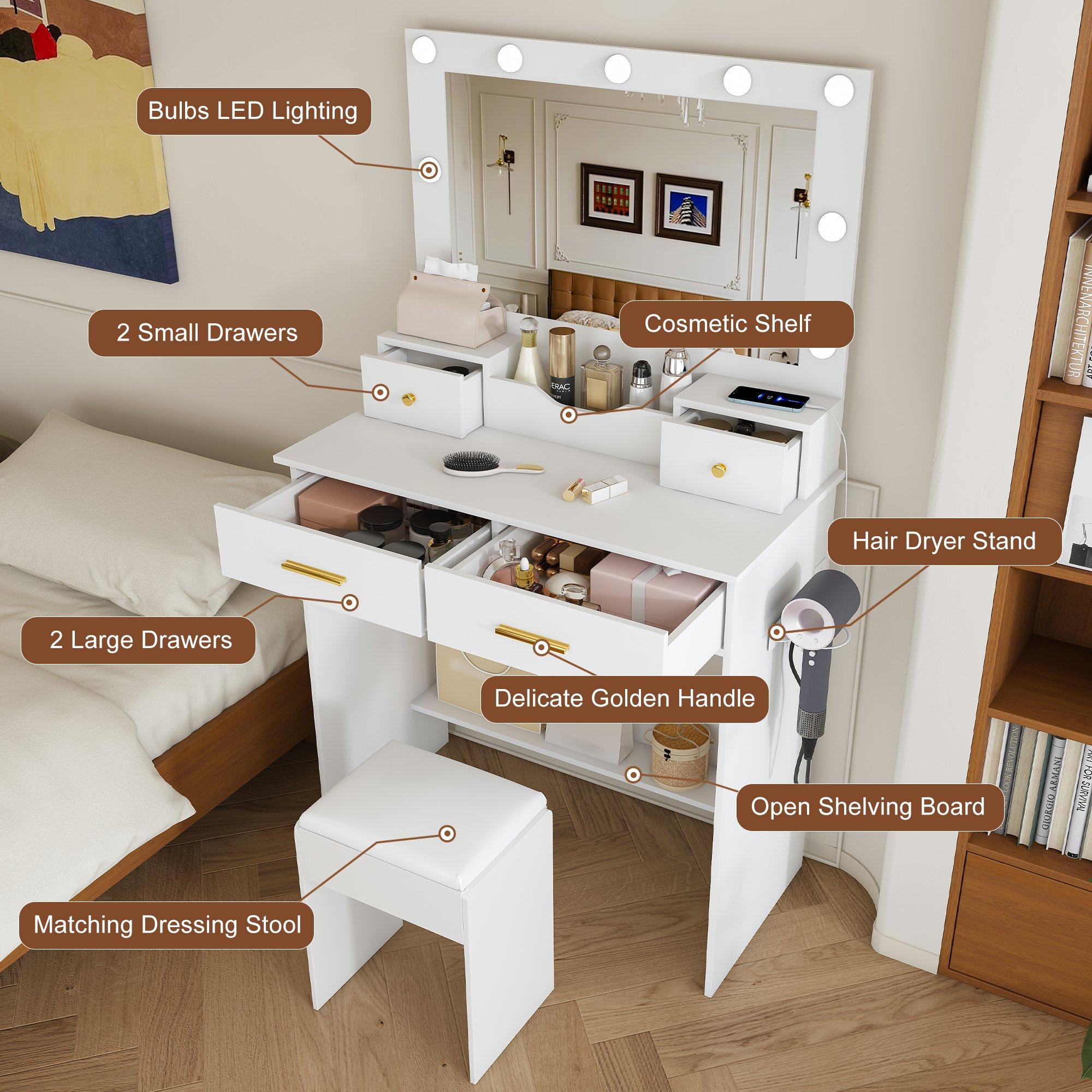 White - Urban Meuble - Makeup Vanity Desk with Hollywood Lights - 7
