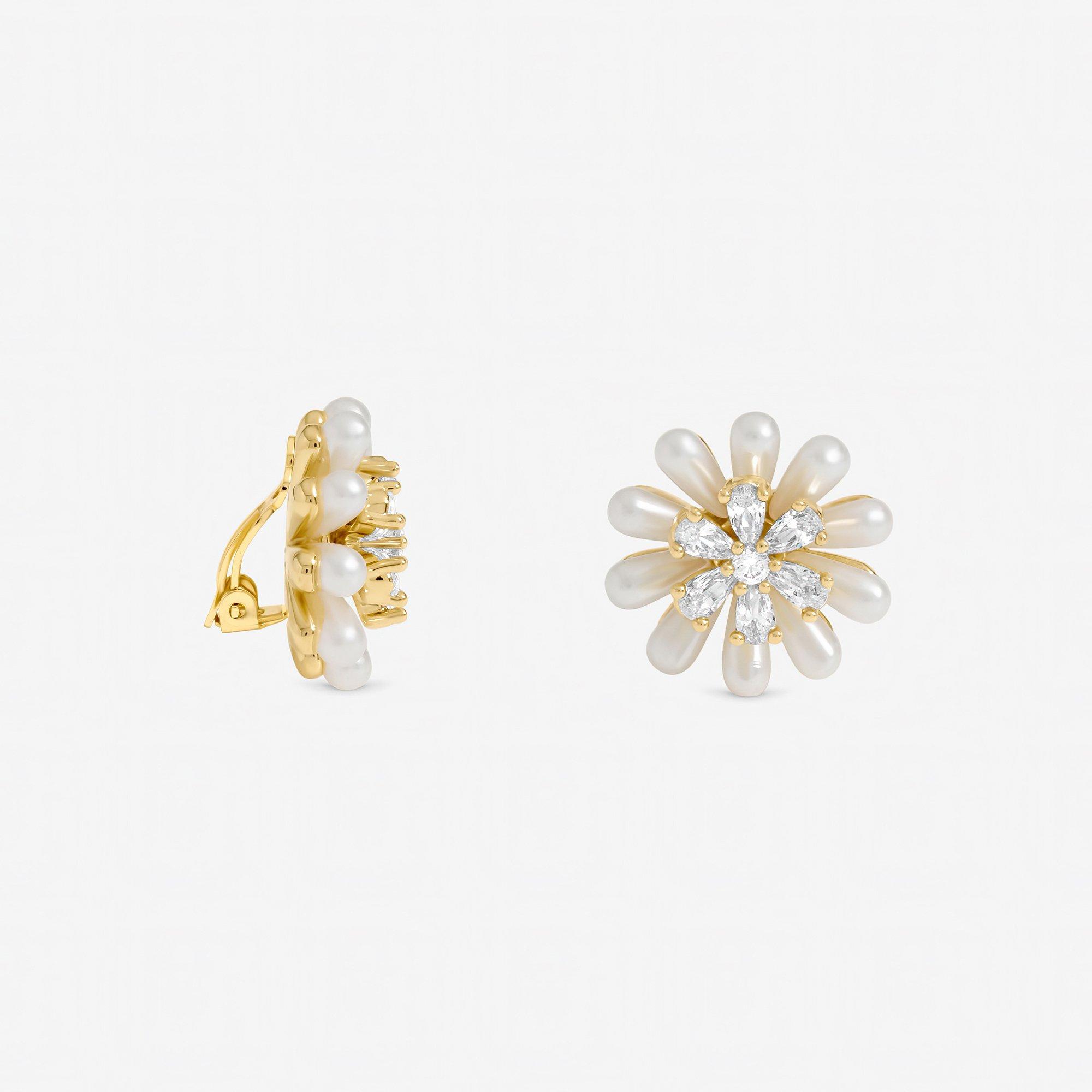 Silver - Jon Richard - Gold Pearl and Crystal Flower Clip Earrings - 1