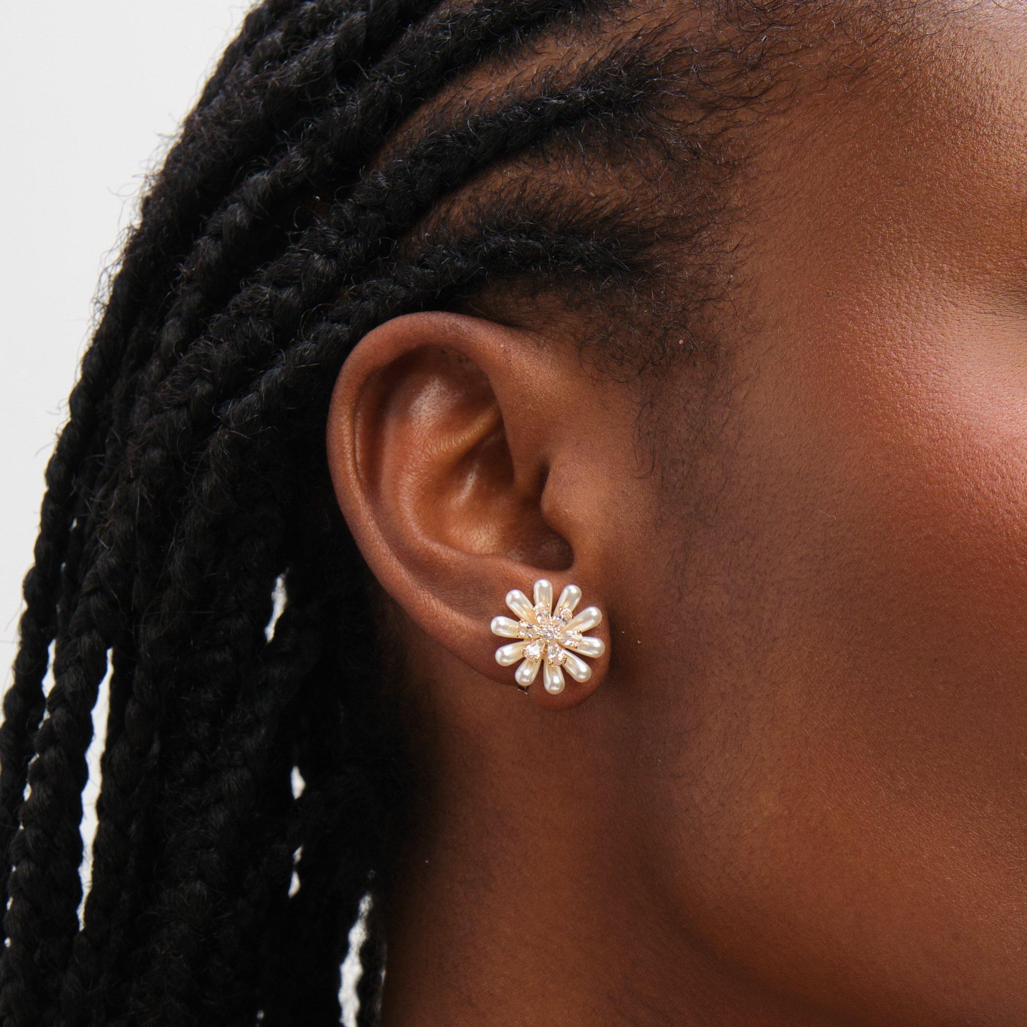 Silver - Jon Richard - Gold Pearl and Crystal Flower Clip Earrings - 2