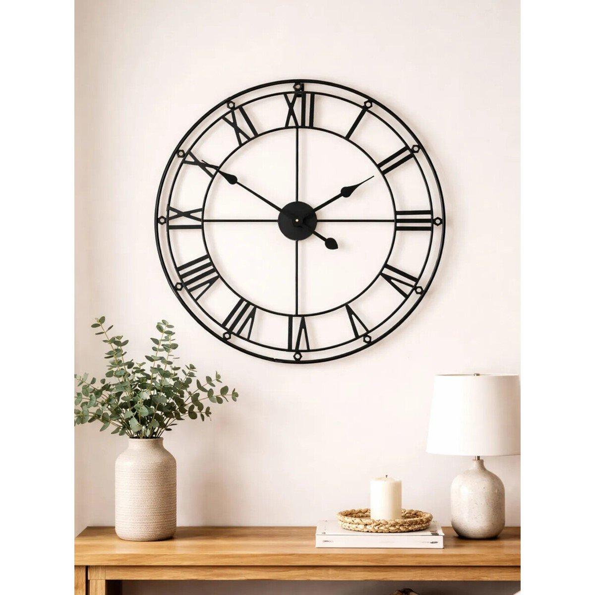 Black White - Premier Housewares - Baywood 59cm Dia Matt Black Metal Wall Clock - 1