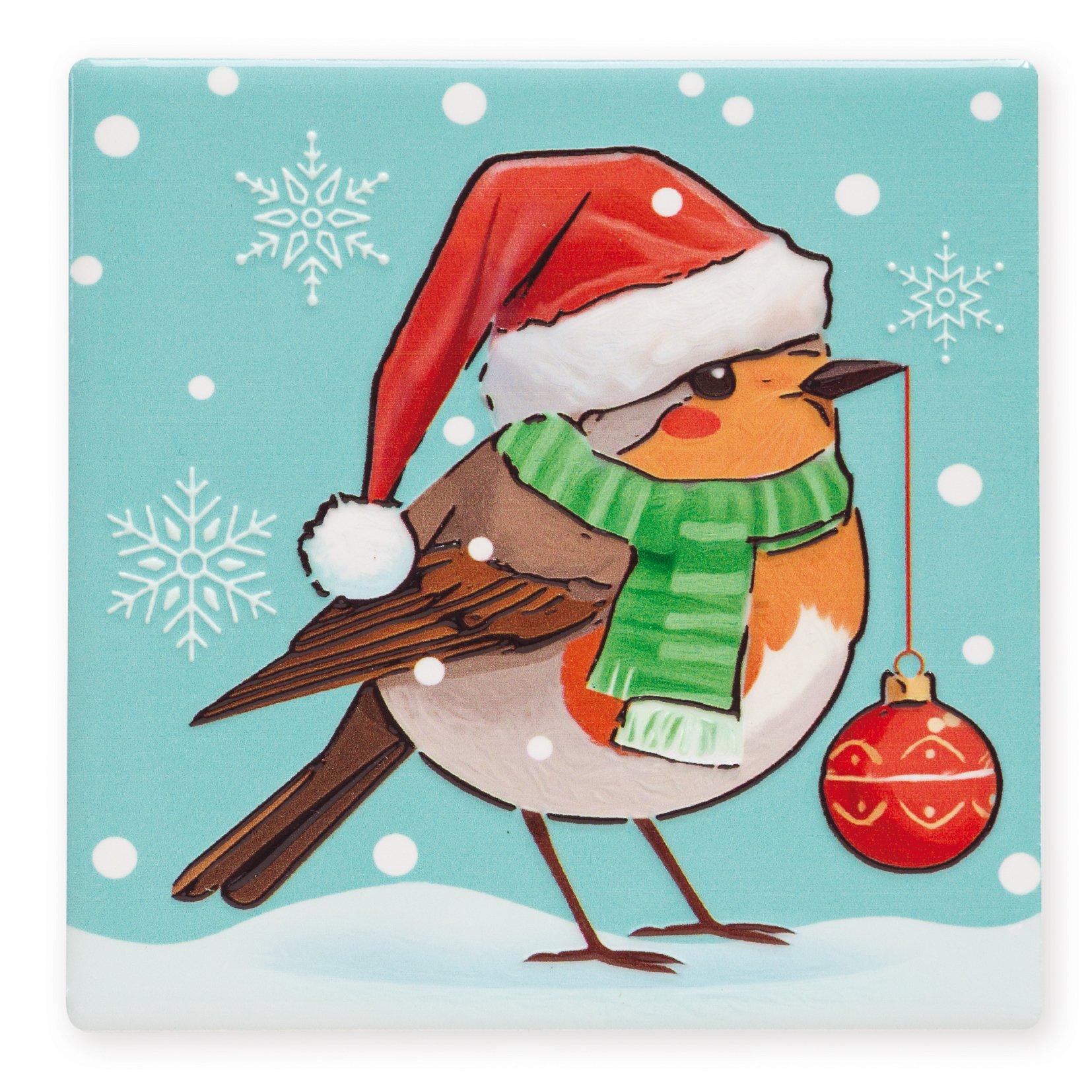 Multi - Art of Arora - - Christmas Coasters pk of 4 - Robin