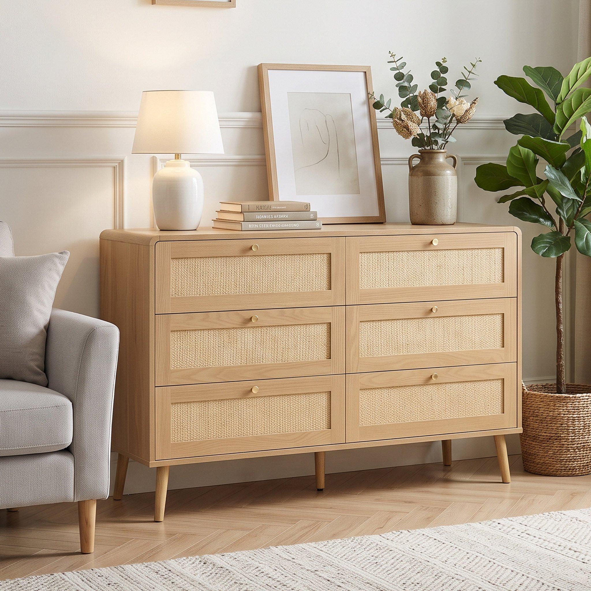 Natural Wood - Urban Meuble - Rattan-Effect 6-Drawer Storage Chest - 1