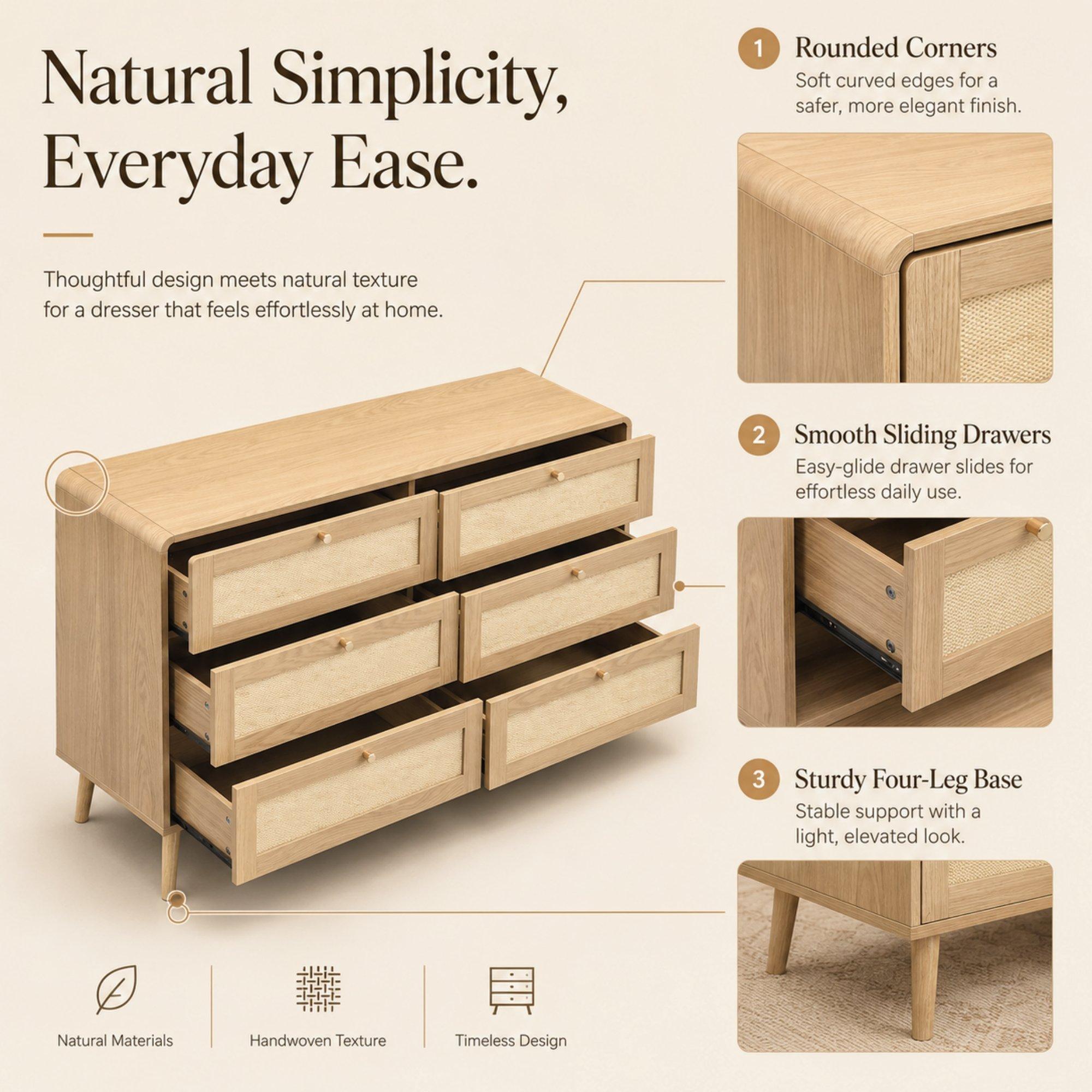 Natural Wood - Urban Meuble - Rattan-Effect 6-Drawer Storage Chest - 7