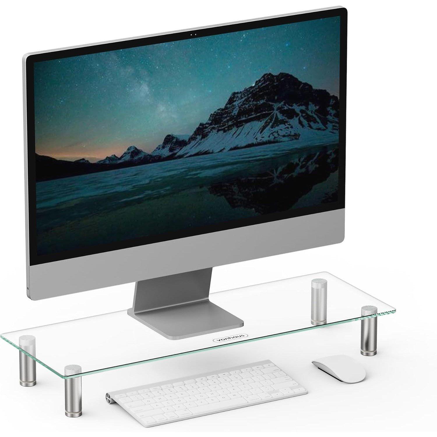 White - VonHaus - Large Glass Monitor Stand - 1