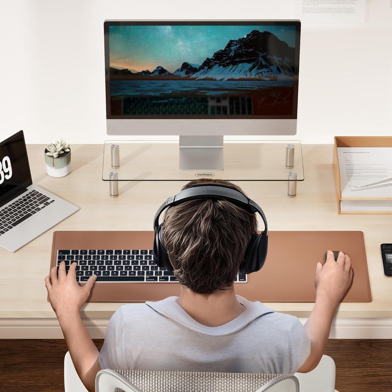 White - VonHaus - Large Glass Monitor Stand - 5