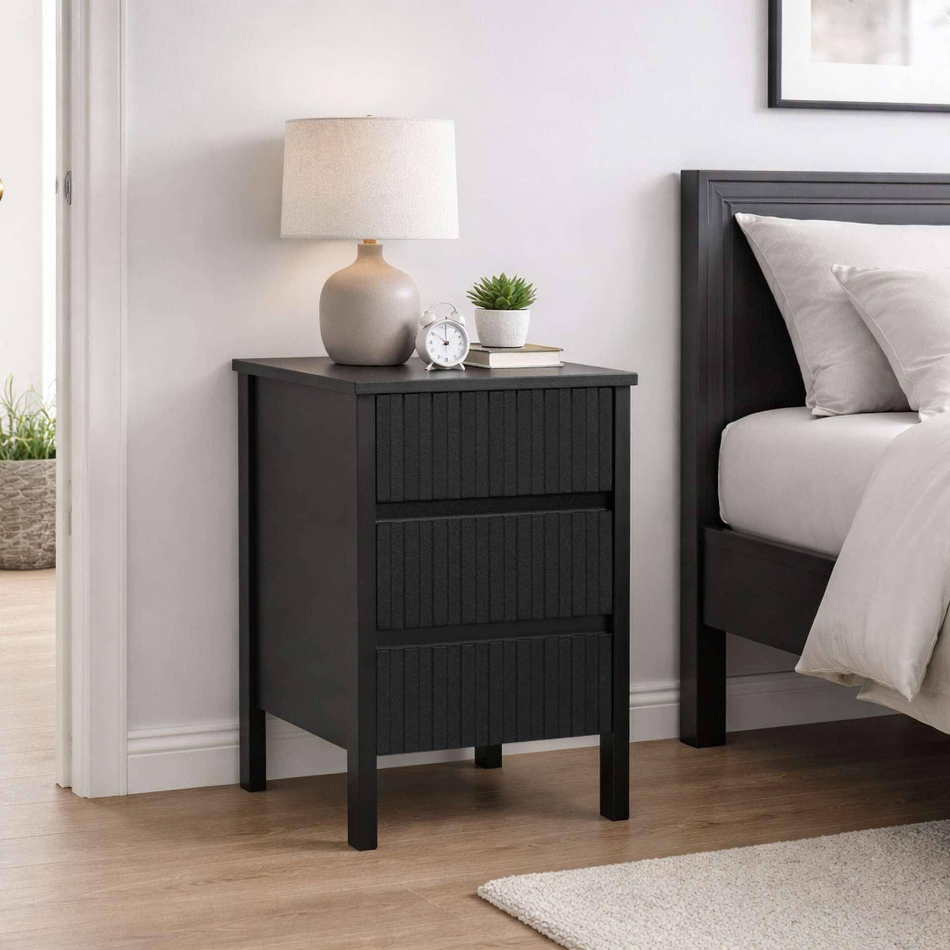 Black - Birlea - Axis 3 Drawer Fluted Bedside - 1
