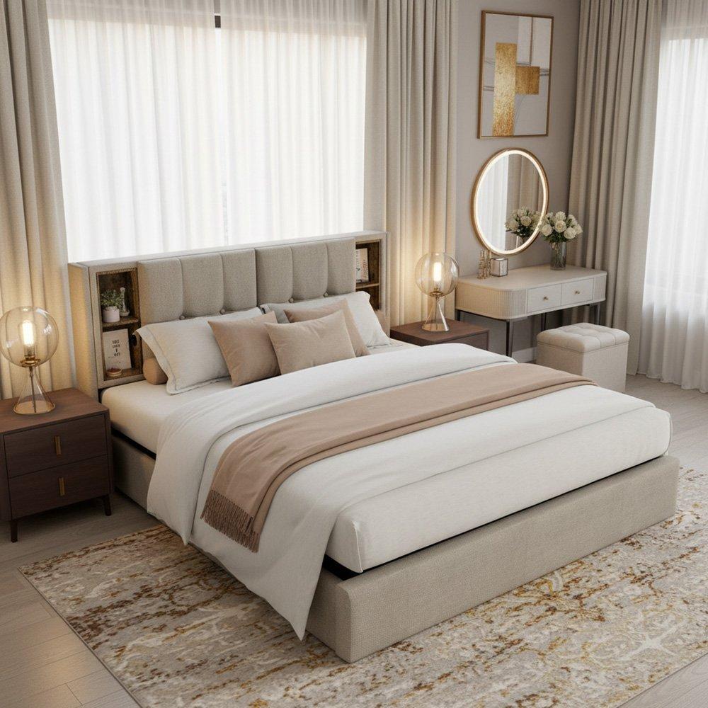 Beige - Urban Meuble - Stylish Beige Bed with Storage Double Size - 1