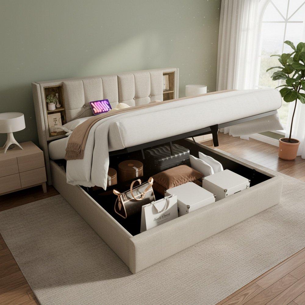 Beige - Urban Meuble - Stylish Beige Bed with Storage Double Size - 2