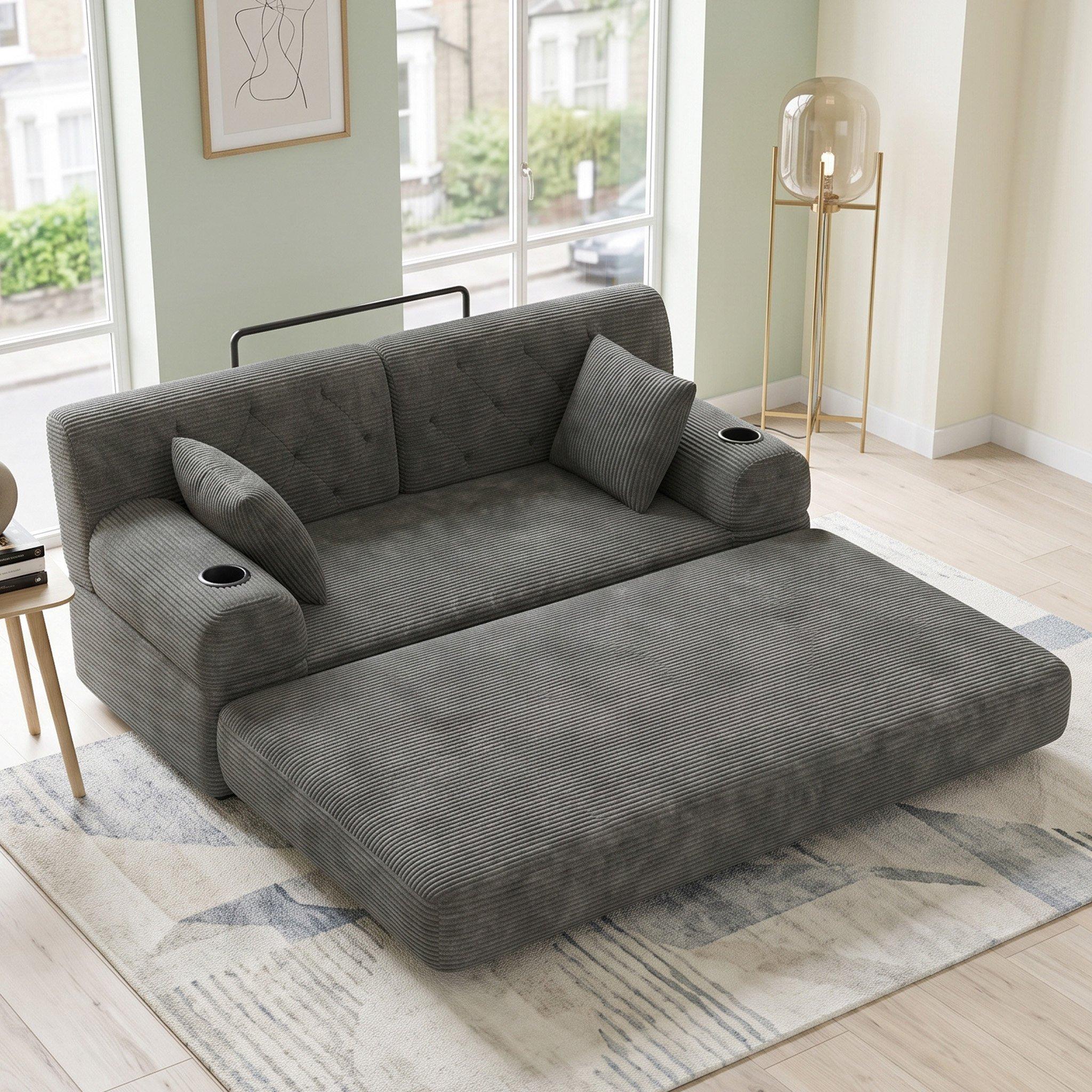 Dark Gray - Urban Meuble - Corduroy Convertible Sleeper Sofa - 2