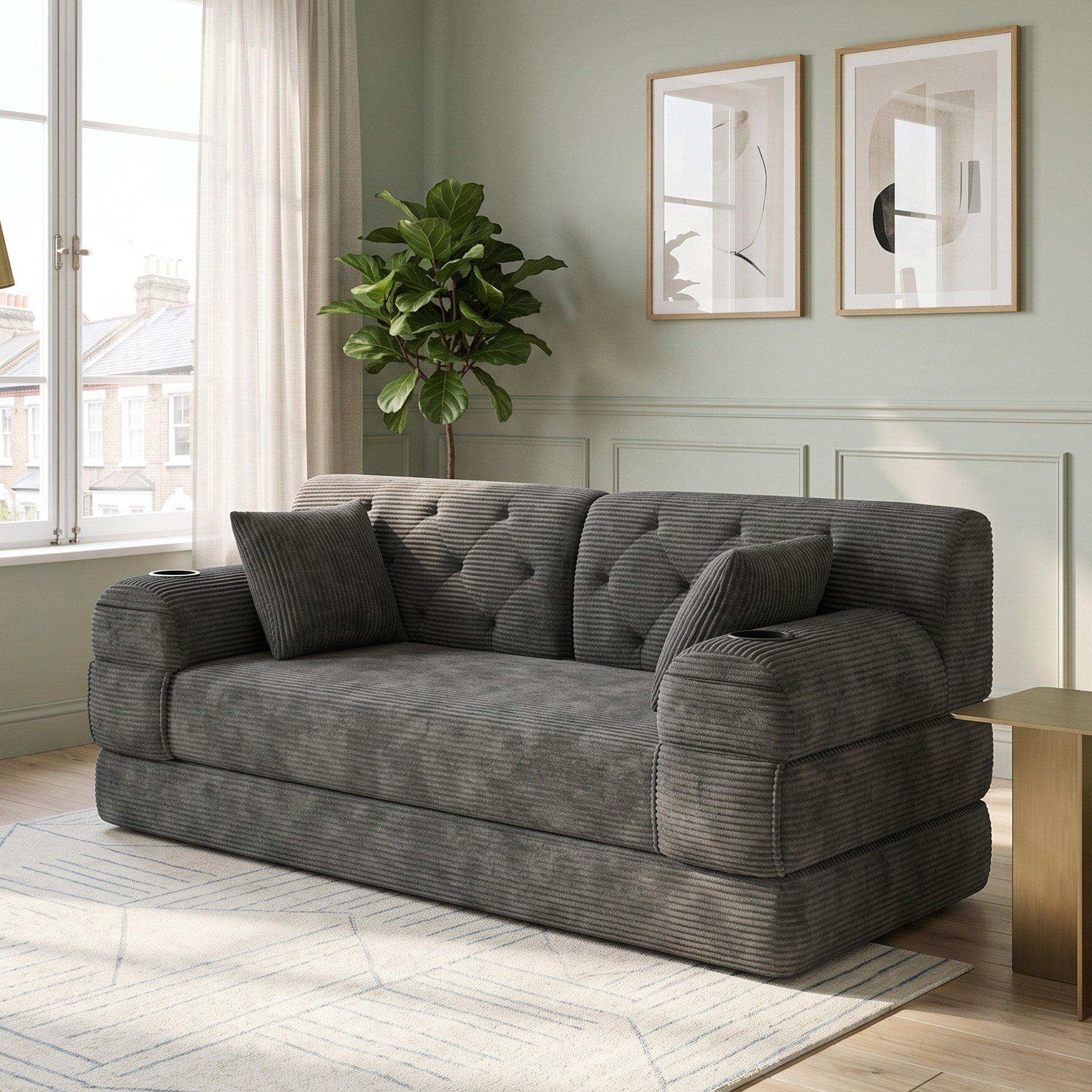 Dark Gray - Urban Meuble - Corduroy Convertible Sleeper Sofa - 4