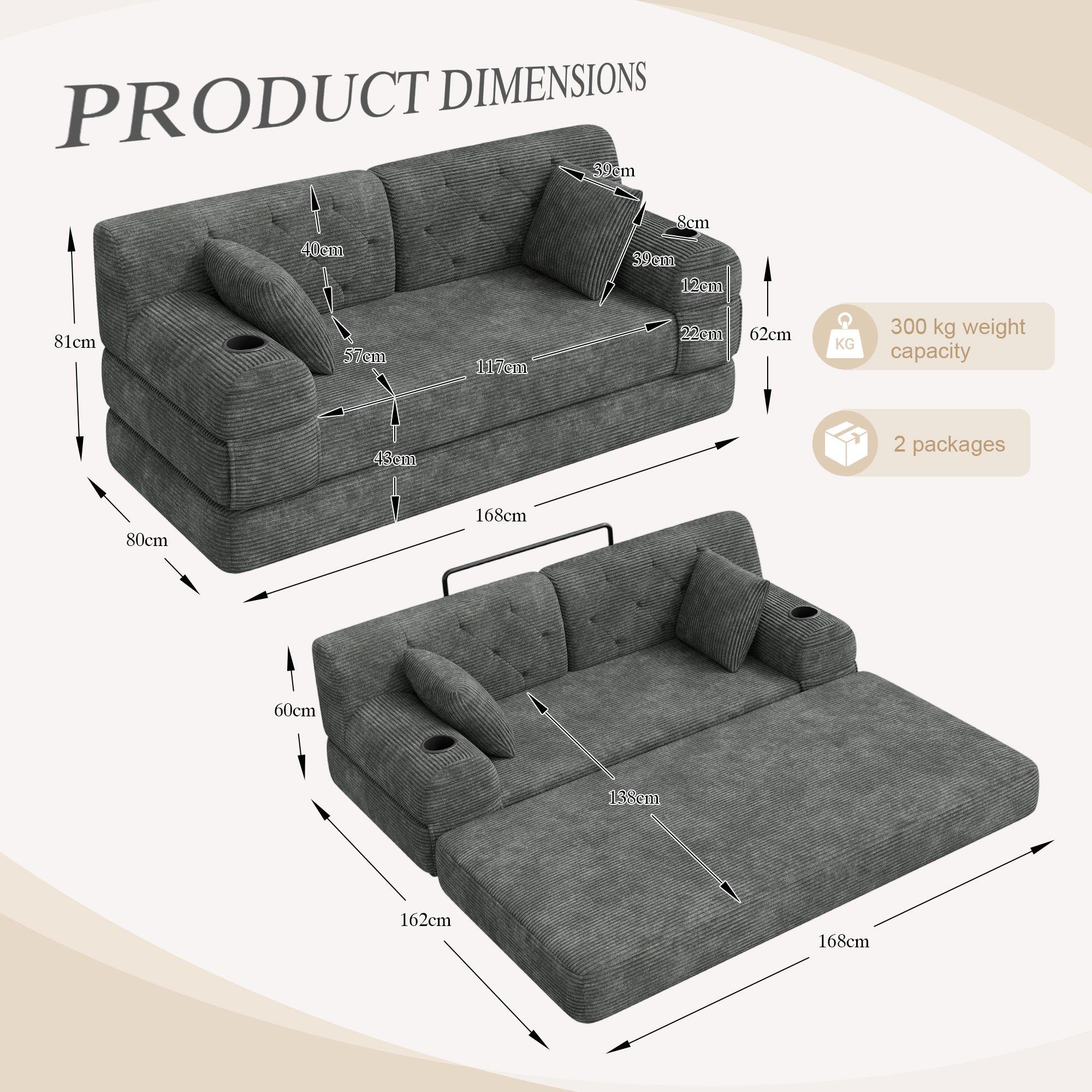 Dark Gray - Urban Meuble - Corduroy Convertible Sleeper Sofa - 6