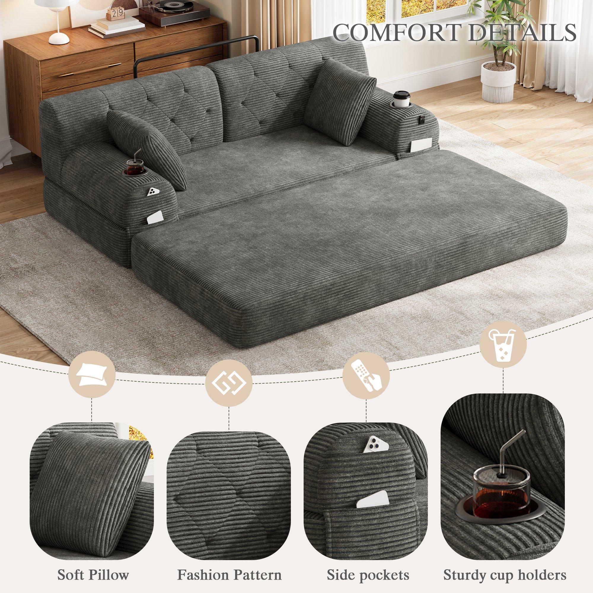 Dark Gray - Urban Meuble - Corduroy Convertible Sleeper Sofa - 7
