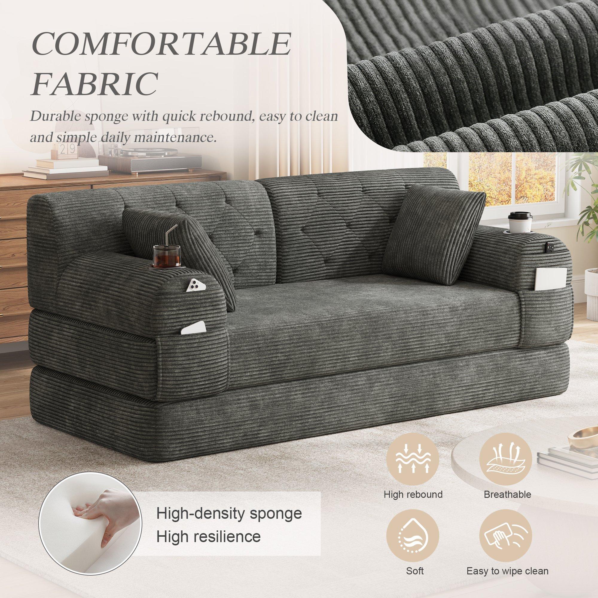 Dark Gray - Urban Meuble - Corduroy Convertible Sleeper Sofa - 8