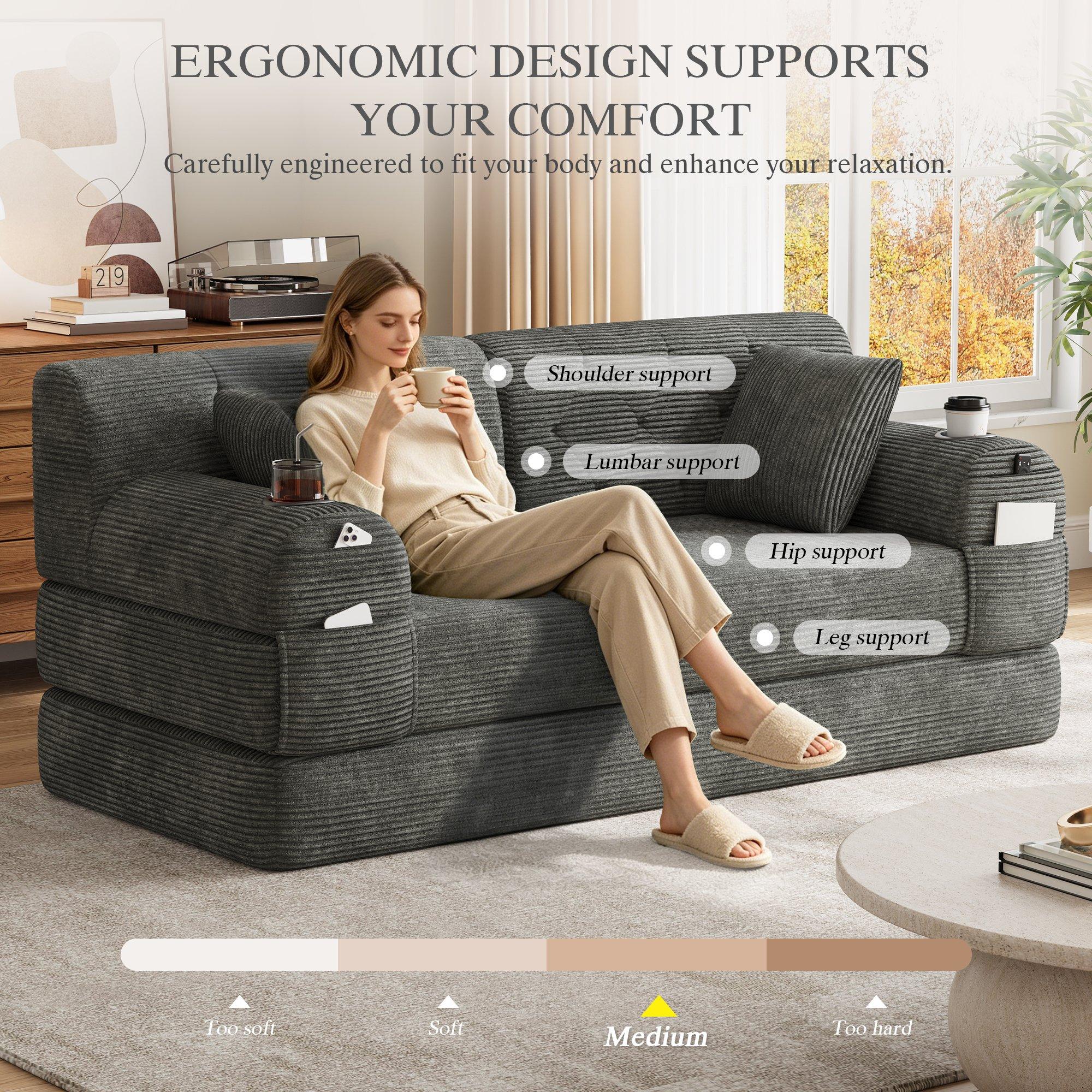 Dark Gray - Urban Meuble - Corduroy Convertible Sleeper Sofa - 9