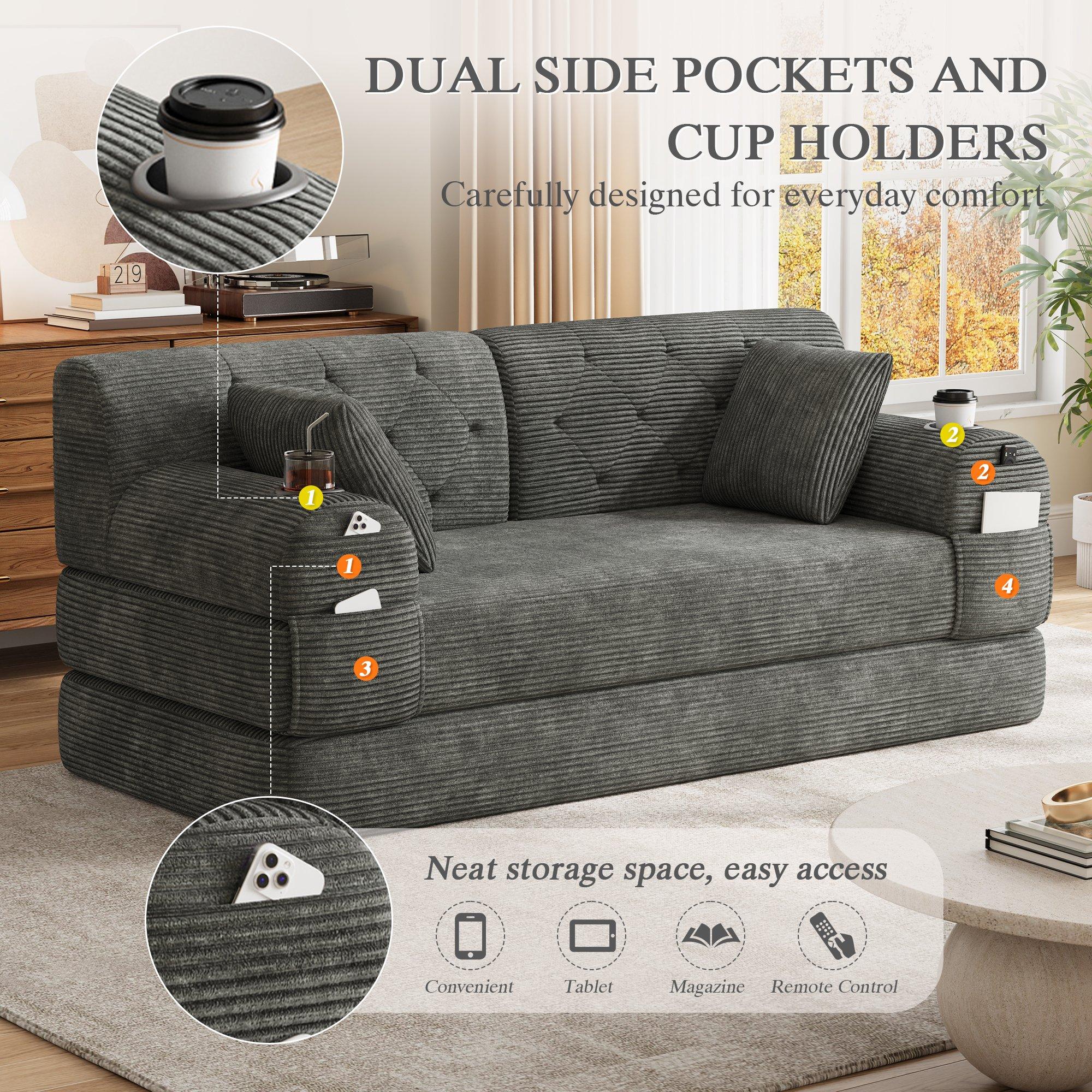 Dark Gray - Urban Meuble - Corduroy Convertible Sleeper Sofa - 10