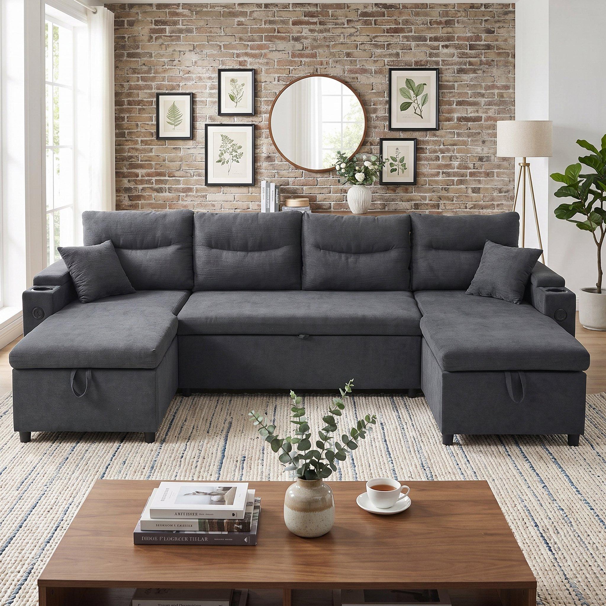 Dark Gray - Urban Meuble - 4-Seater U-Shaped Sleeper Sofa with Storage - 1