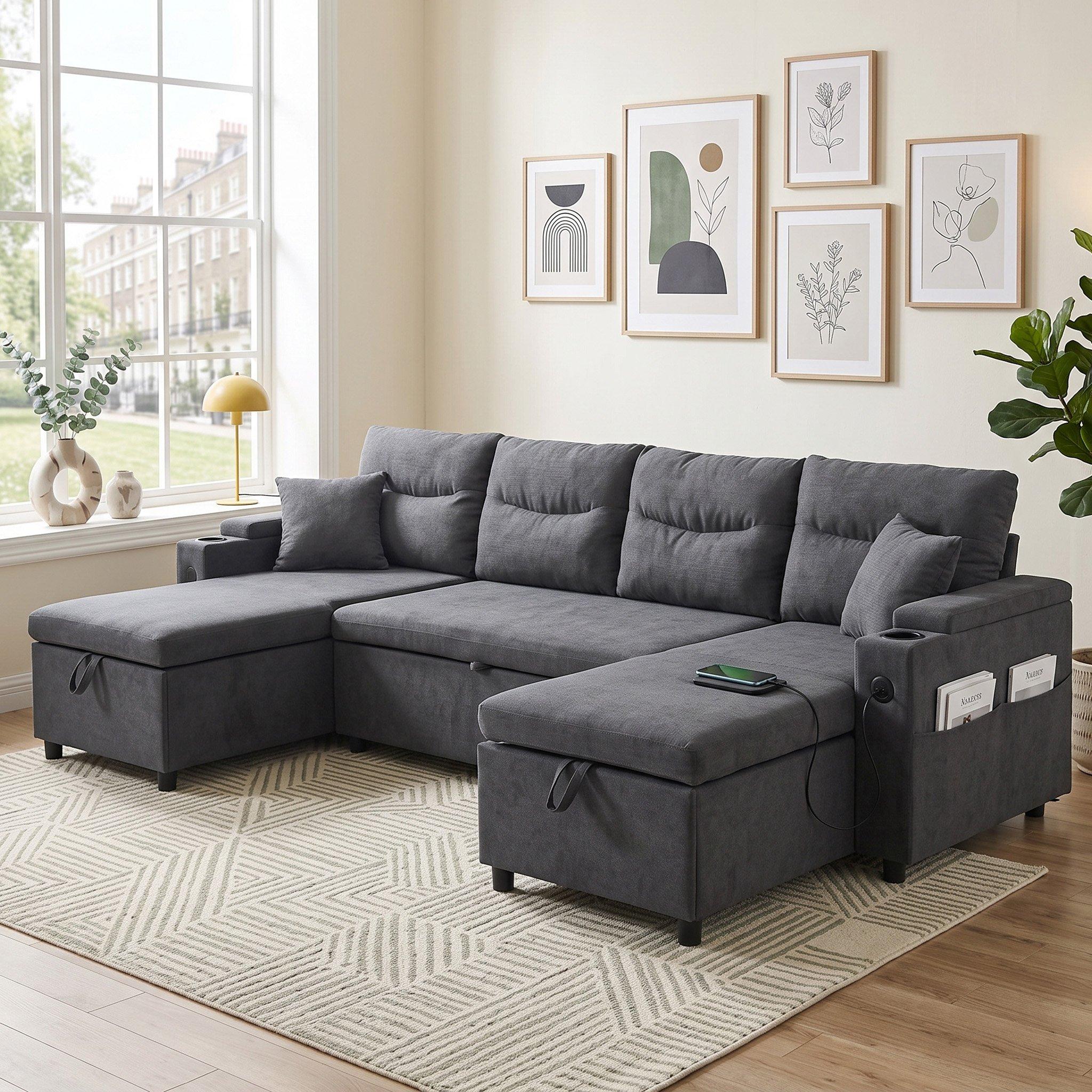 Dark Gray - Urban Meuble - 4-Seater U-Shaped Sleeper Sofa with Storage - 2