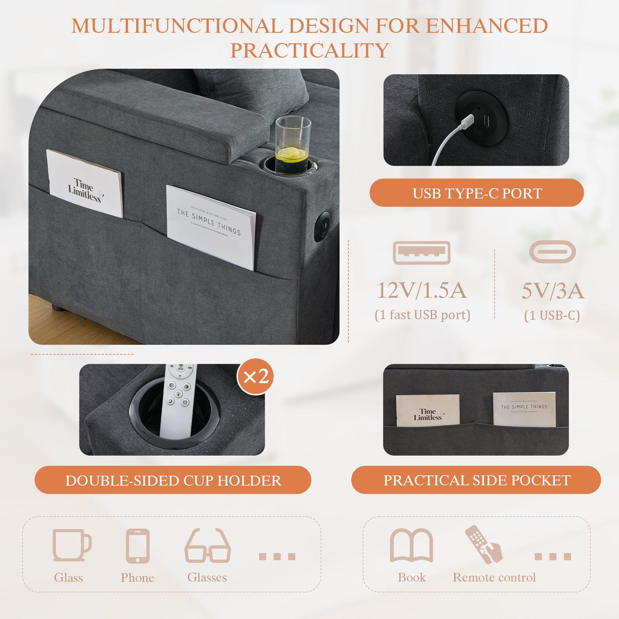 Dark Gray - Urban Meuble - 4-Seater U-Shaped Sleeper Sofa with Storage - 11