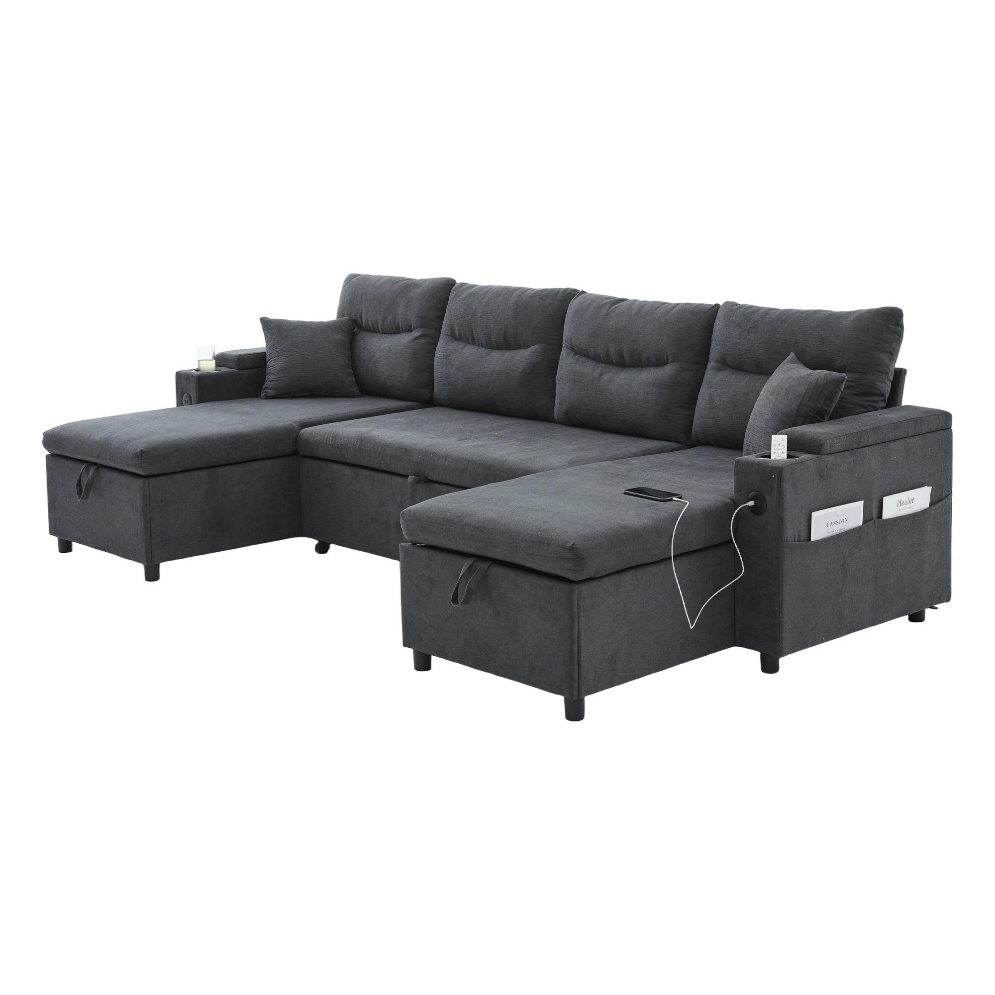 Dark Gray - Urban Meuble - 4-Seater U-Shaped Sleeper Sofa with Storage - 13