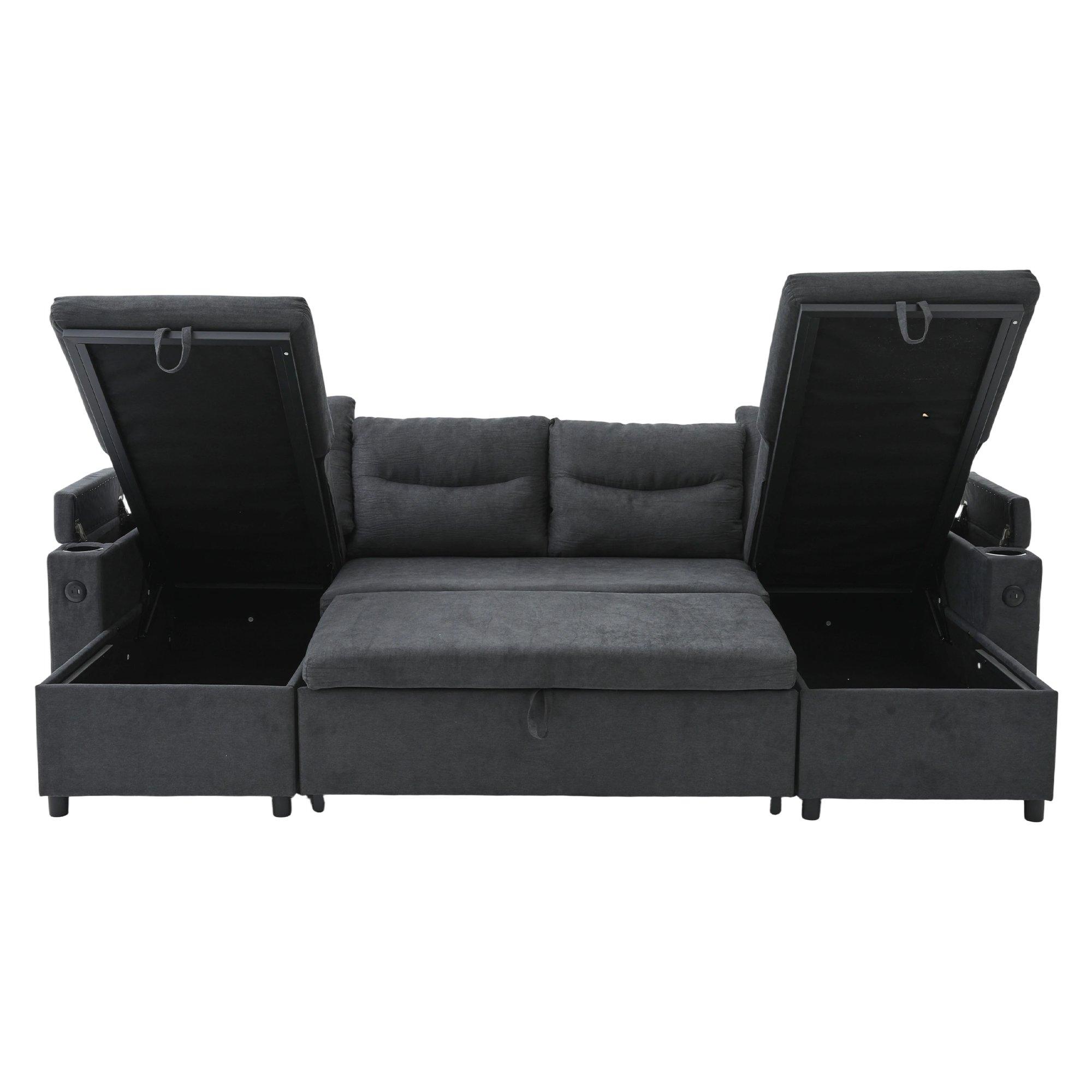 Dark Gray - Urban Meuble - 4-Seater U-Shaped Sleeper Sofa with Storage - 15