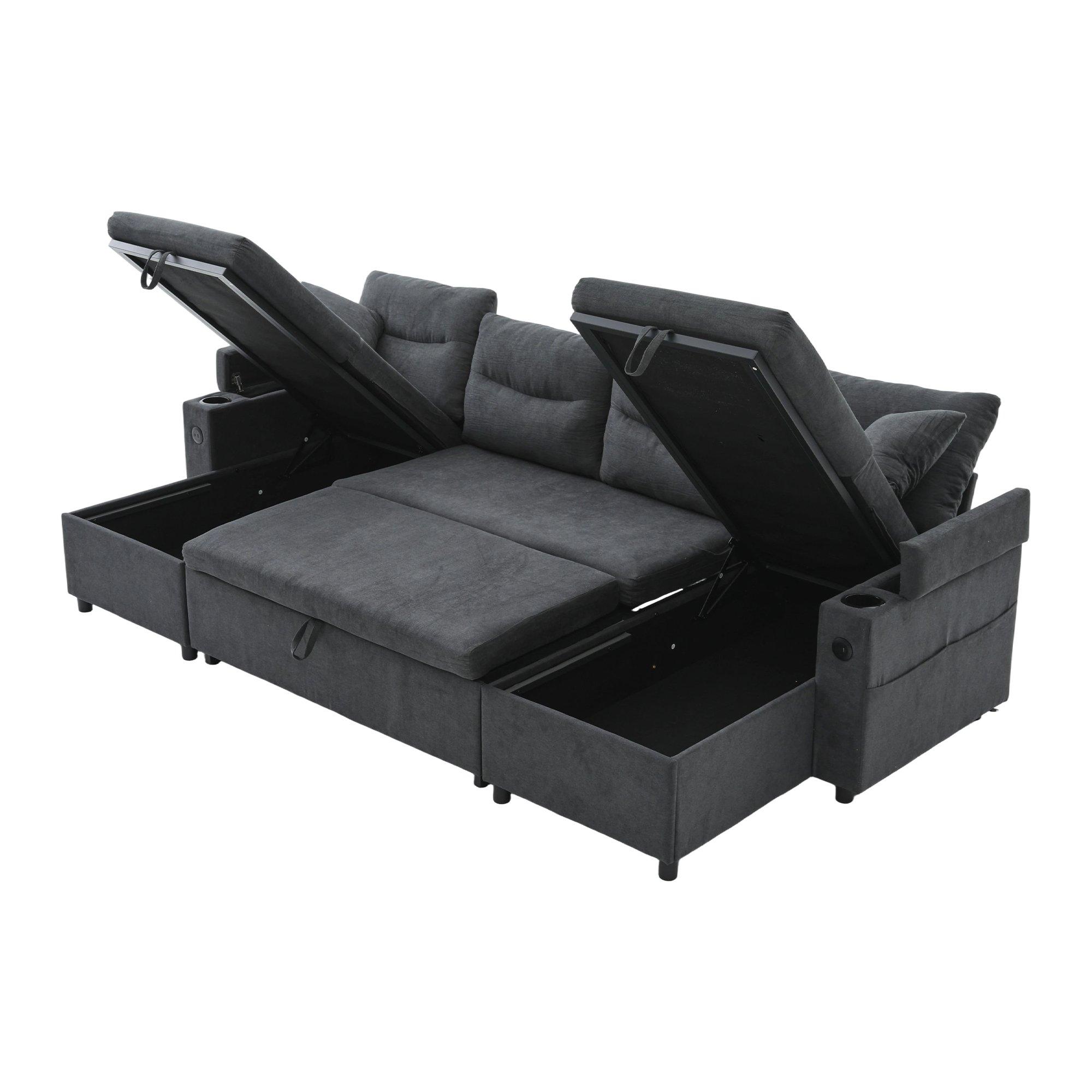 Dark Gray - Urban Meuble - 4-Seater U-Shaped Sleeper Sofa with Storage - 16