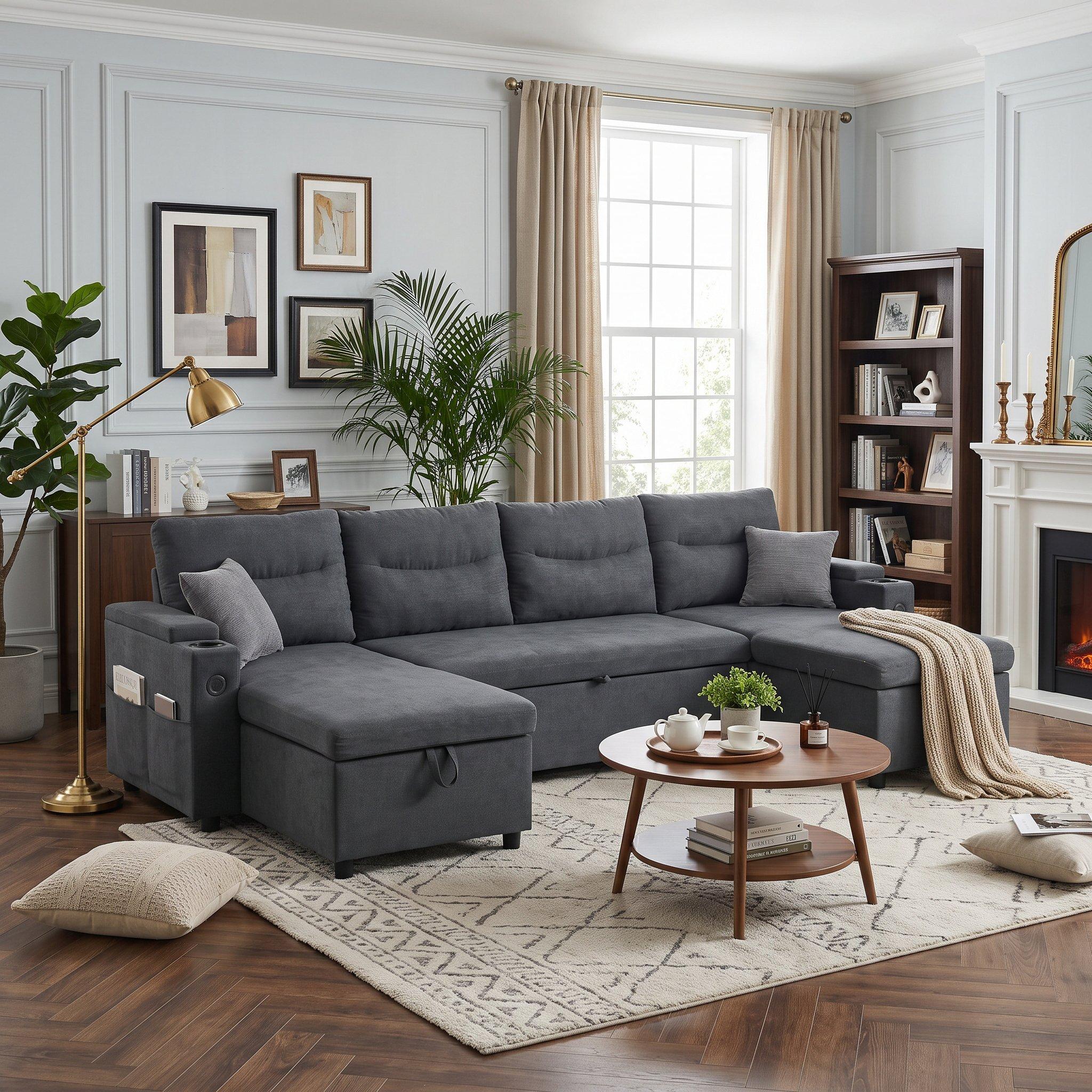 Dark Gray - Urban Meuble - 4-Seater U-Shaped Sleeper Sofa with Storage - 3