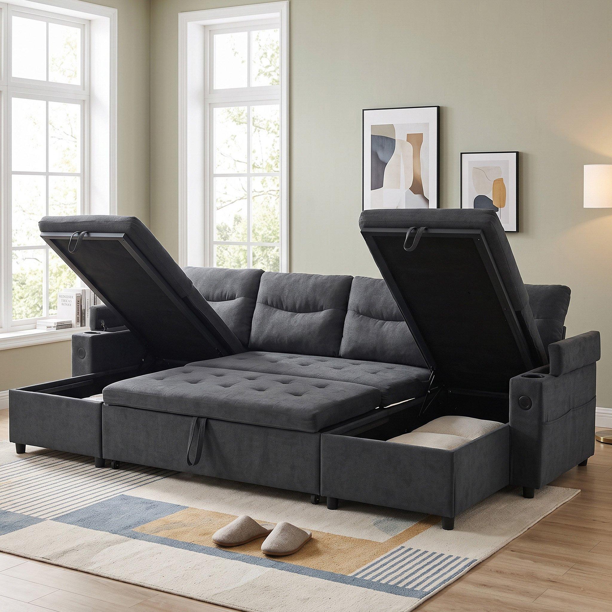 Dark Gray - Urban Meuble - 4-Seater U-Shaped Sleeper Sofa with Storage - 4