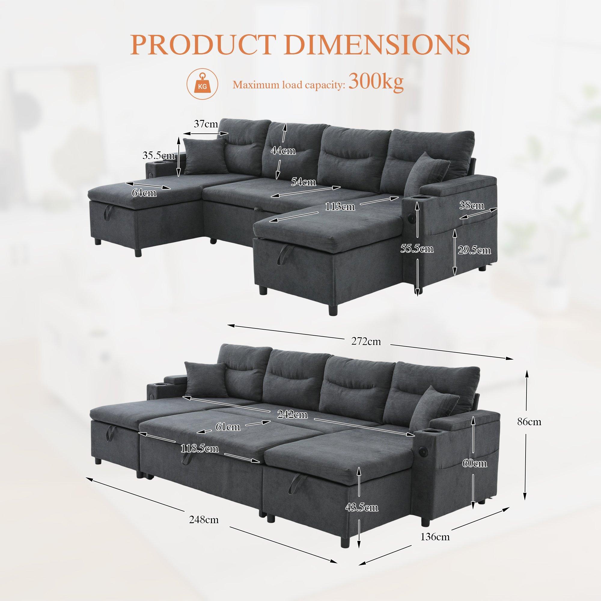 Dark Gray - Urban Meuble - 4-Seater U-Shaped Sleeper Sofa with Storage - 6