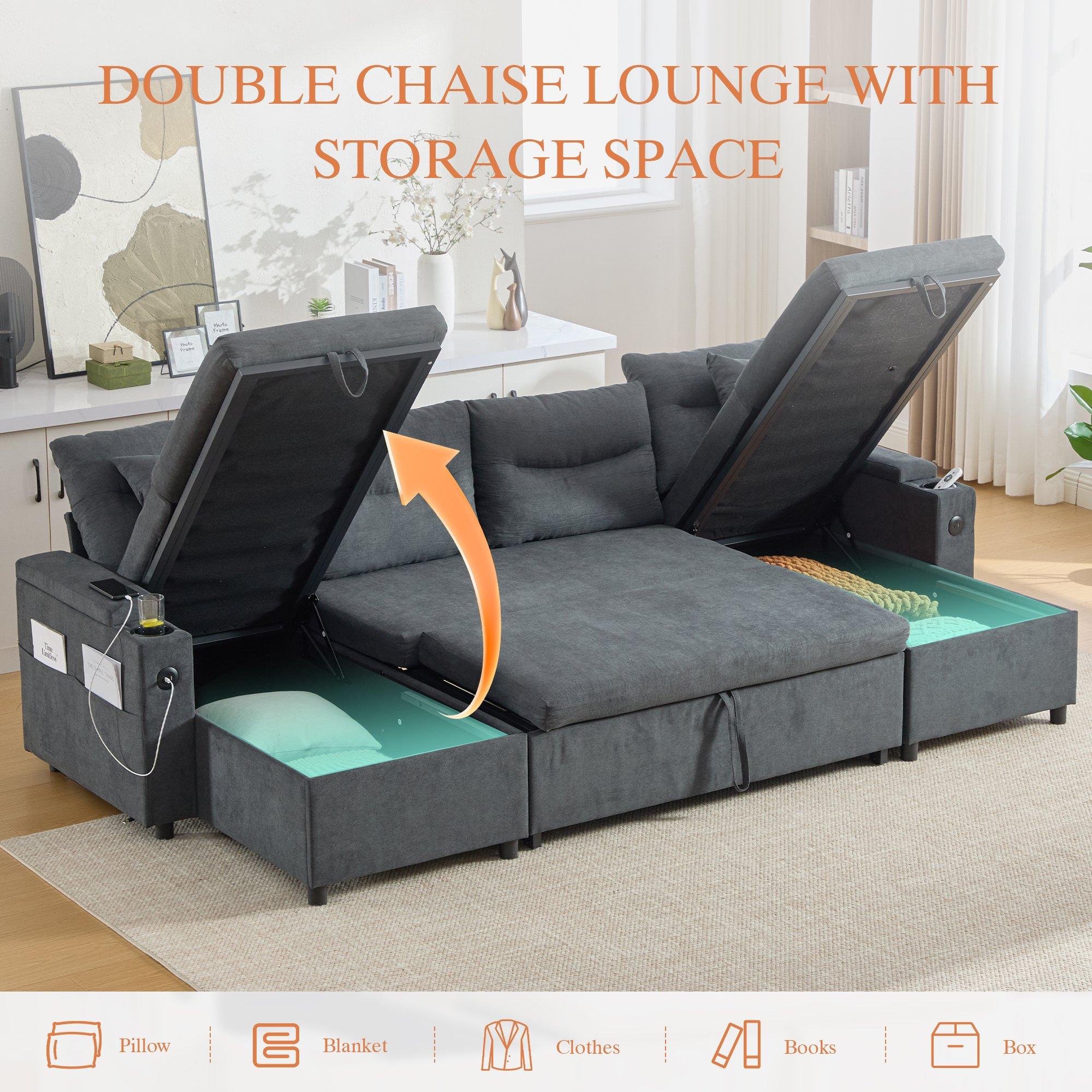 Dark Gray - Urban Meuble - 4-Seater U-Shaped Sleeper Sofa with Storage - 8