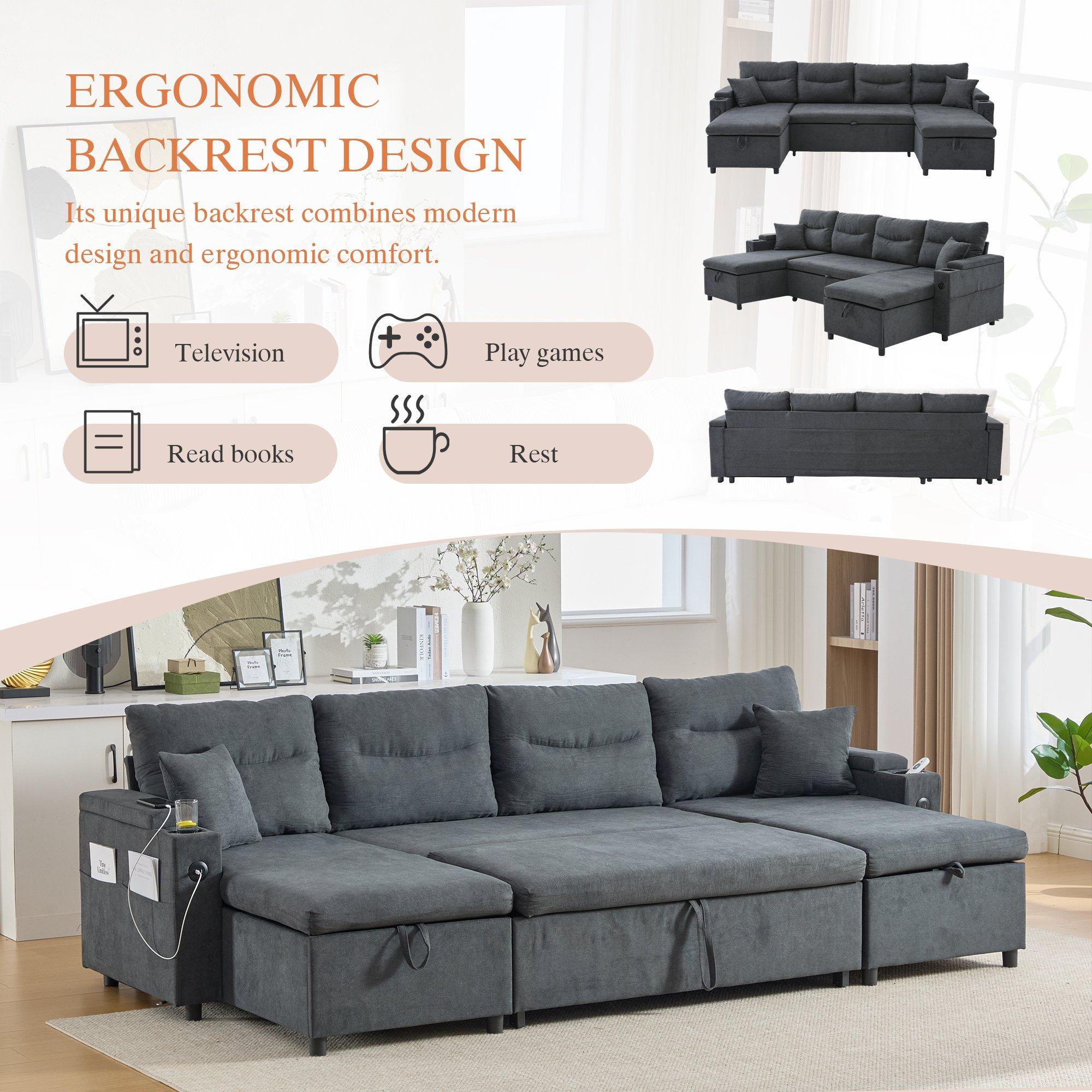 Dark Gray - Urban Meuble - 4-Seater U-Shaped Sleeper Sofa with Storage - 9