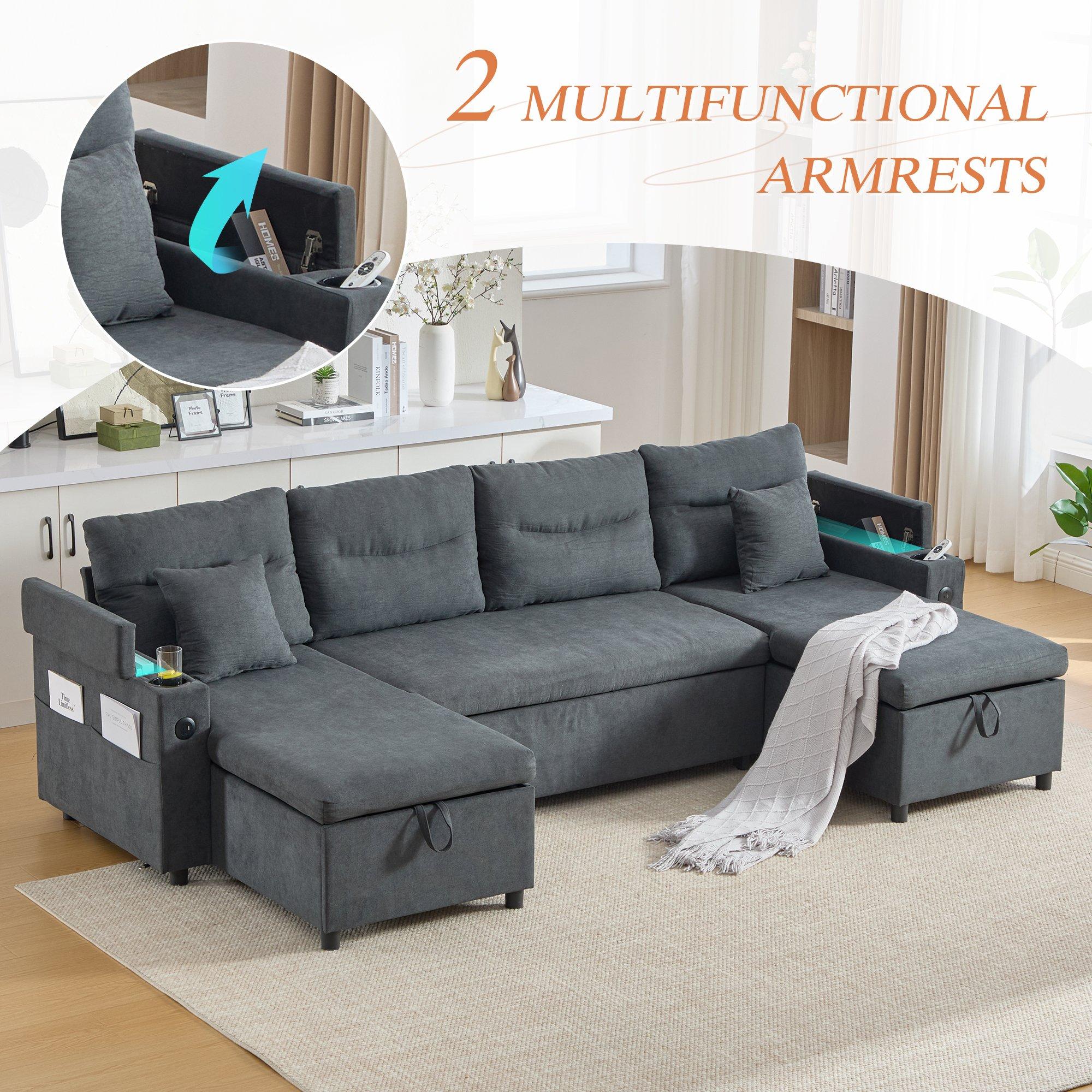 Dark Gray - Urban Meuble - 4-Seater U-Shaped Sleeper Sofa with Storage - 10