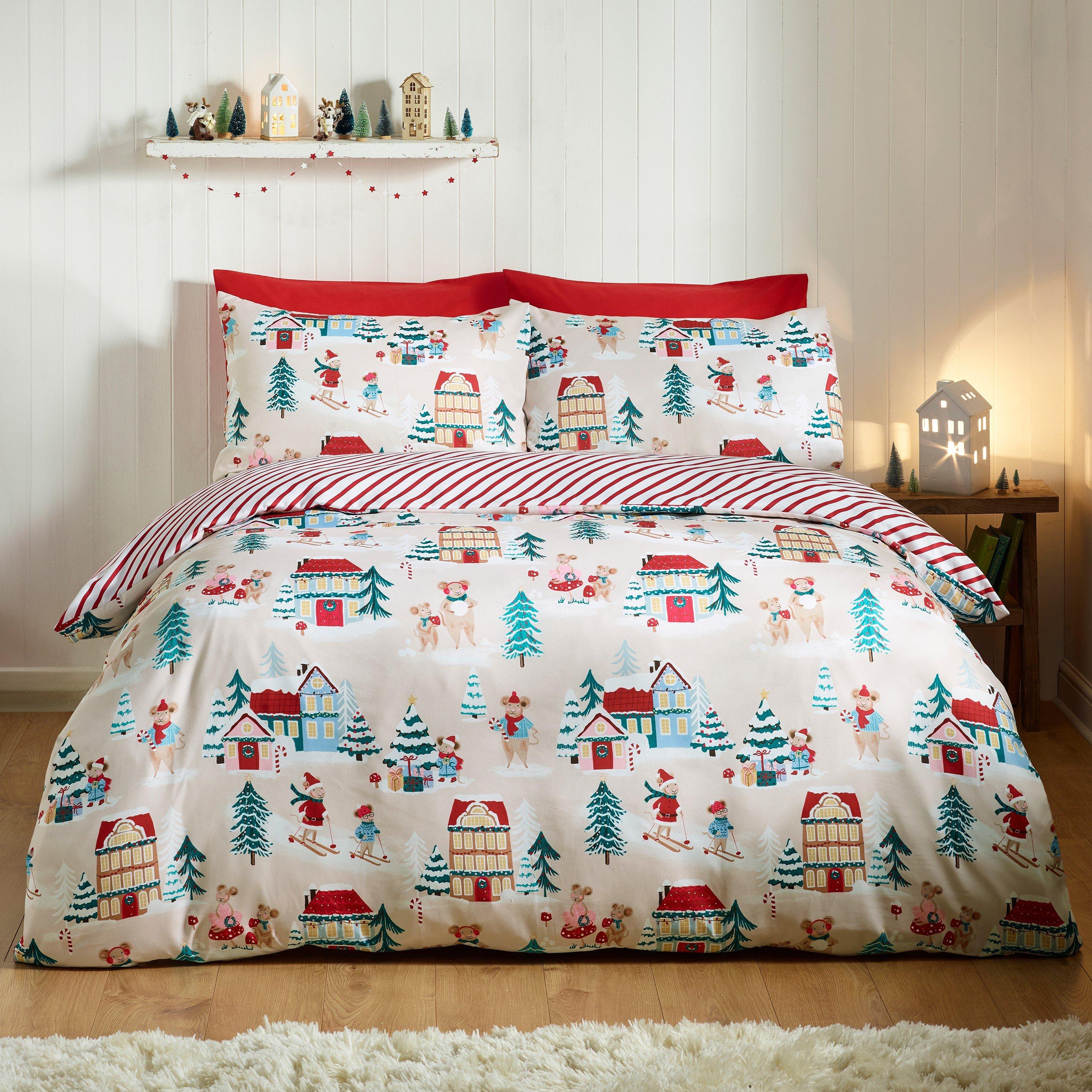 Natural - Catherine Lansfield - Christmas Mouse Town Reversible Duvet Cover Set - 1