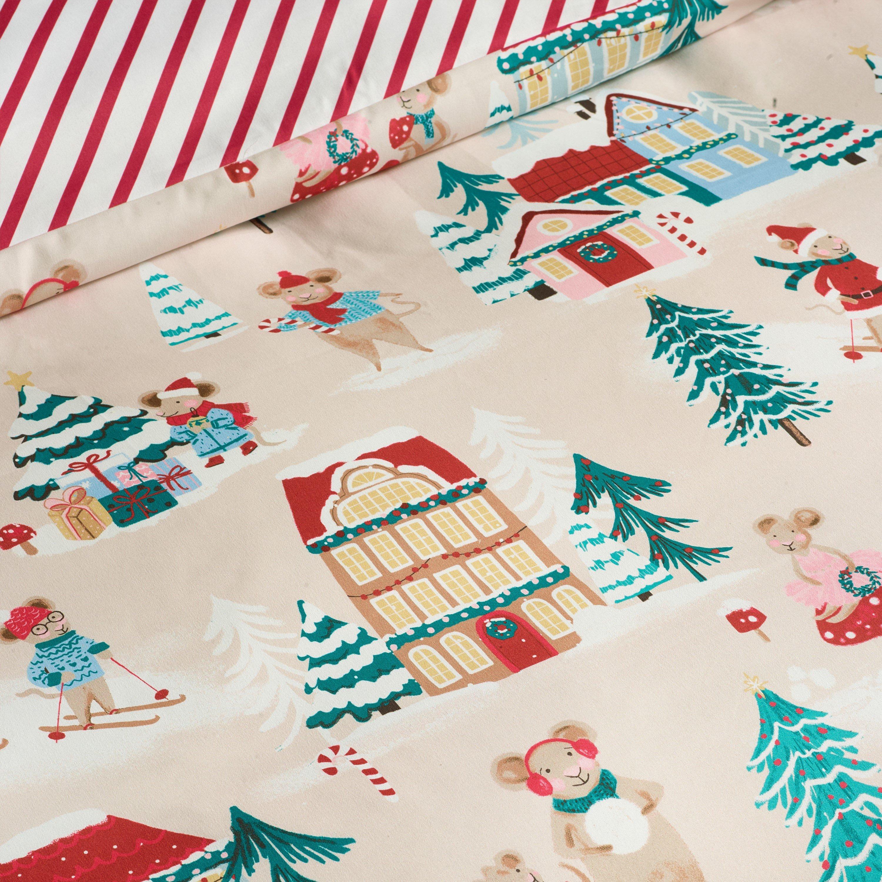 Natural - Catherine Lansfield - Christmas Mouse Town Reversible Duvet Cover Set - 4