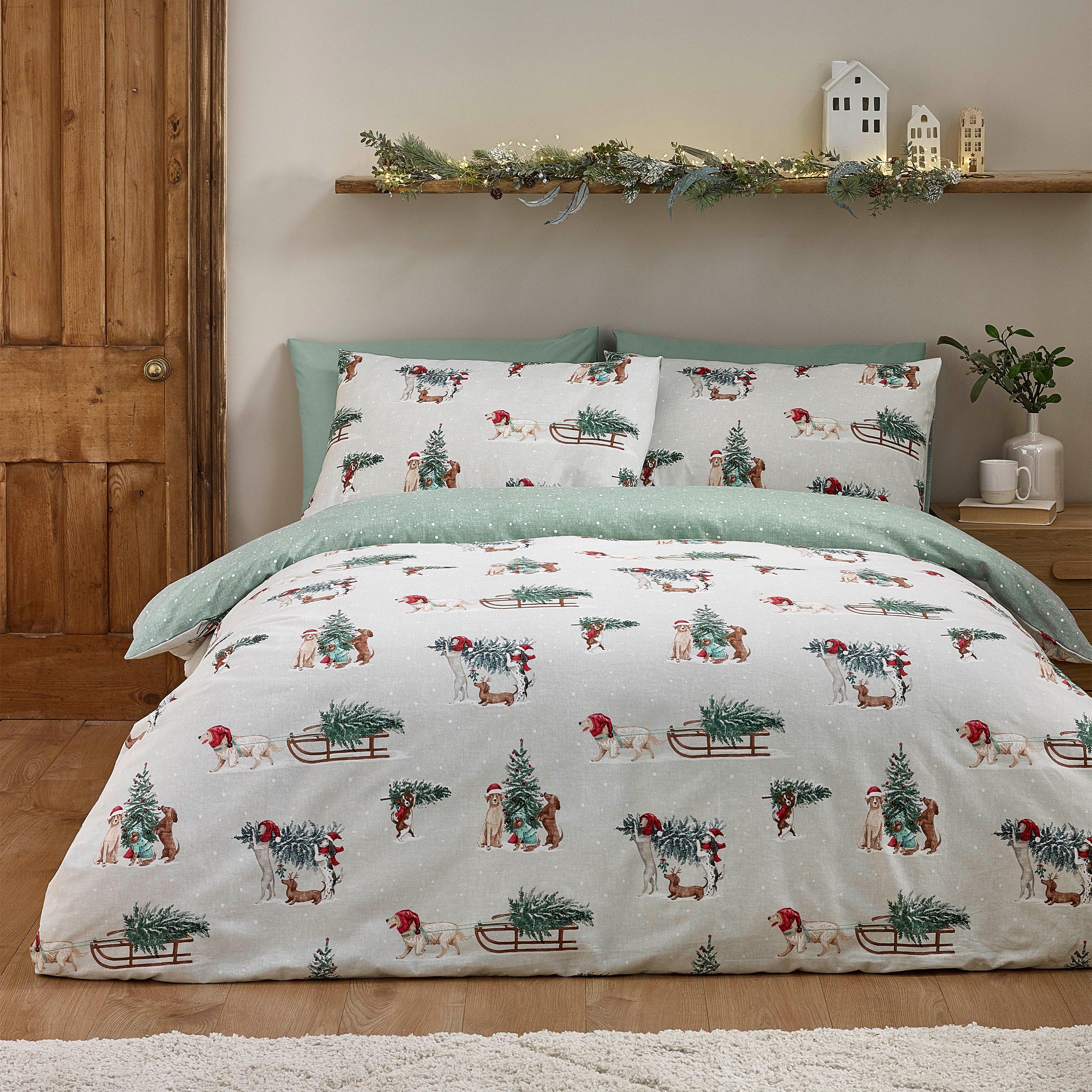 Green - Catherine Lansfield - Brushed Christmas Dogs Cotton Duvet Cover Set - 1