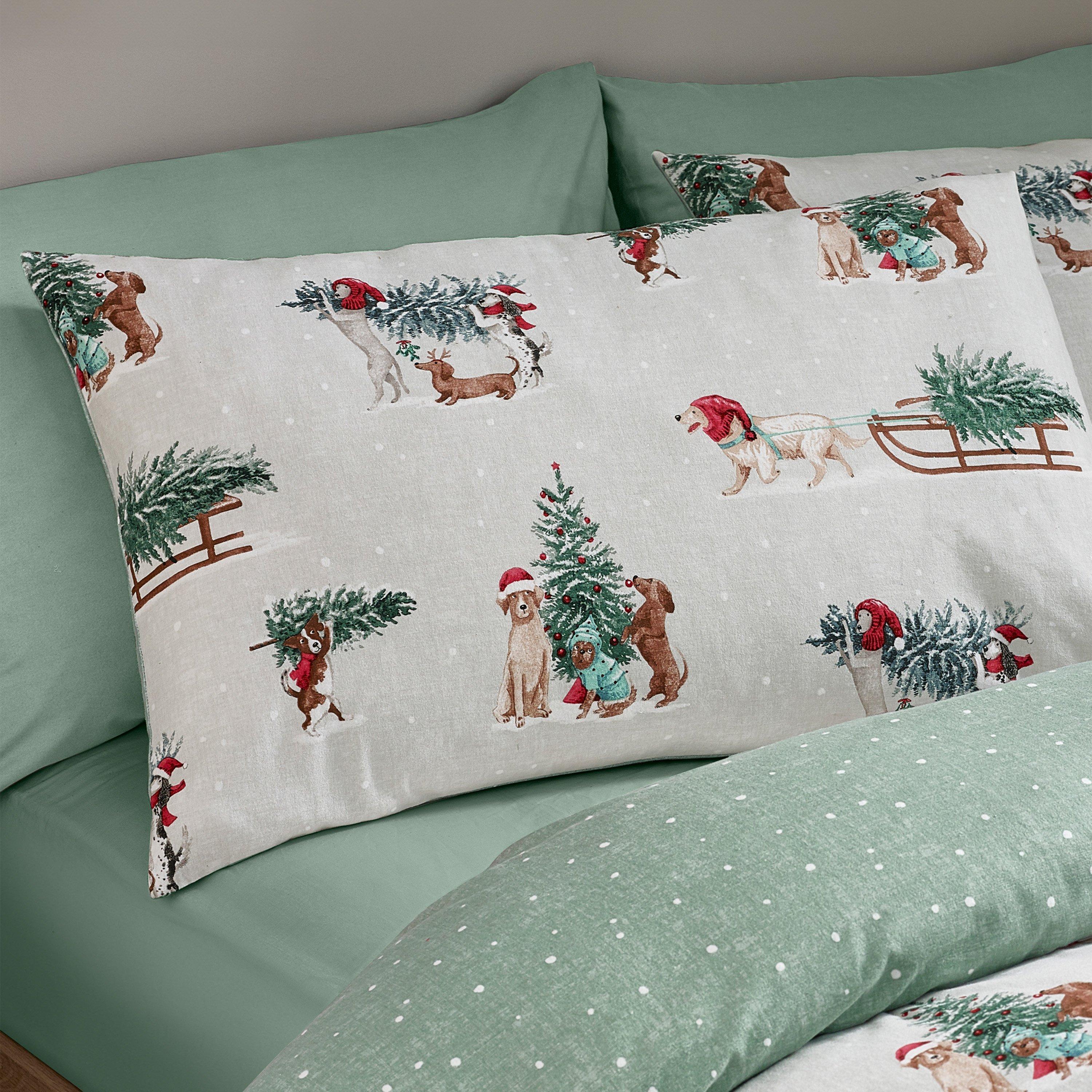 Green - Catherine Lansfield - Brushed Christmas Dogs Cotton Duvet Cover Set - 3