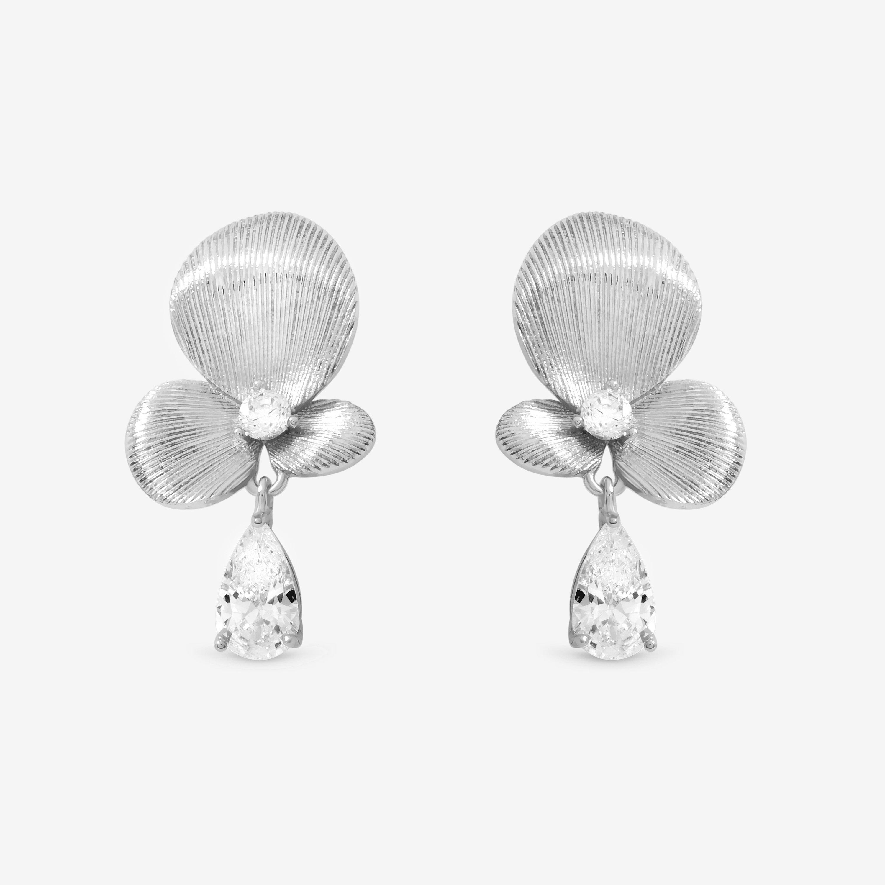 Inicio Women's Sterling Plated Satin Floral Drop Earrings Silver