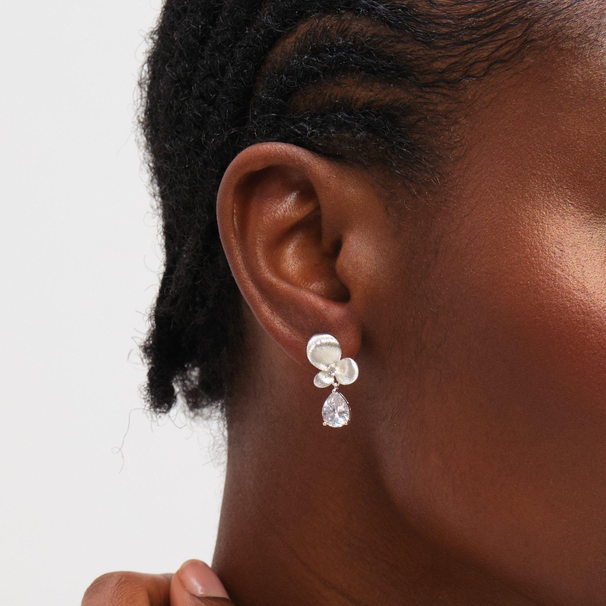 Silver - Inicio - Sterling Silver Plated Satin Floral Drop Earrings - 2