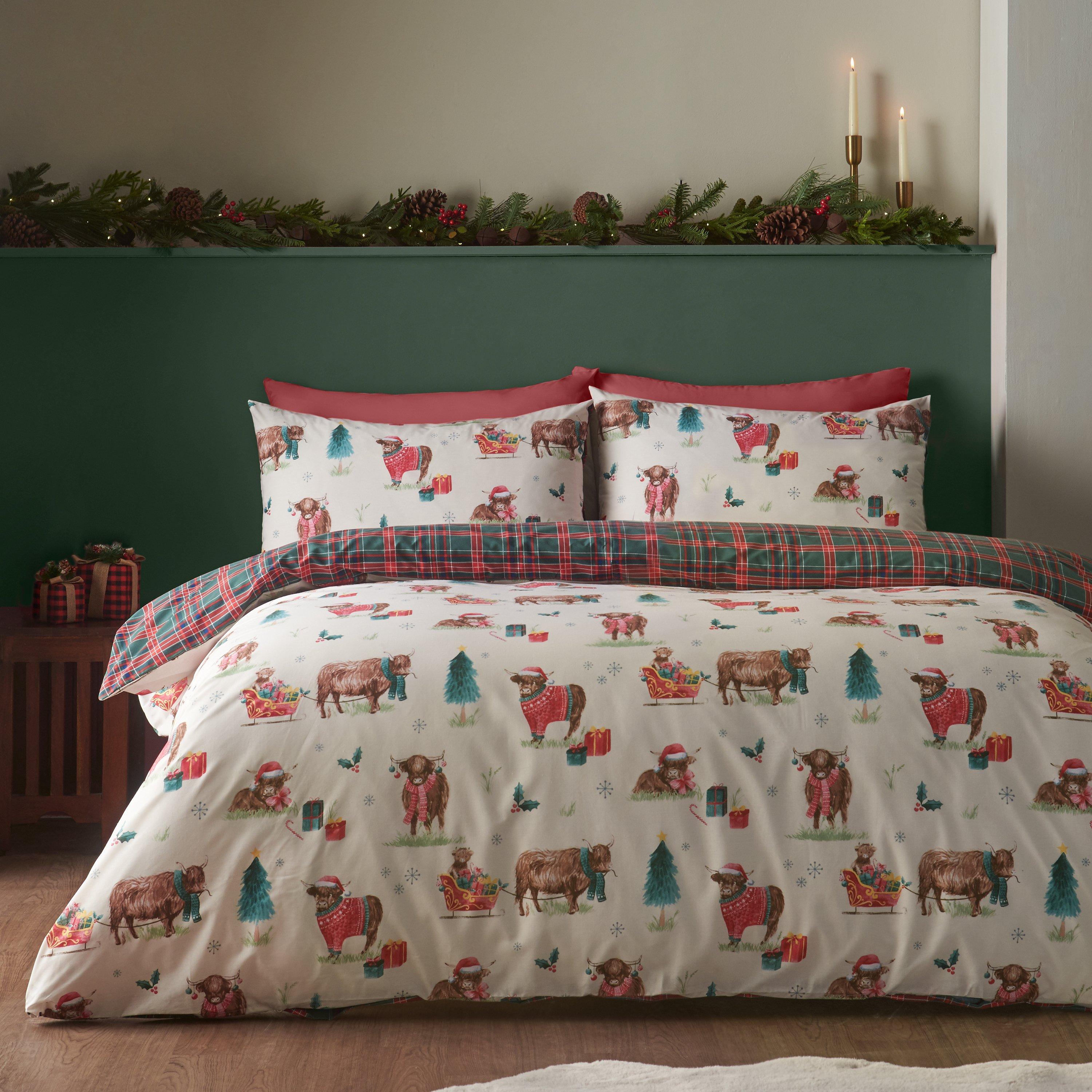 Natural - Catherine Lansfield - Christmas Highland Cow Reversible Duvet Cover Set - 1