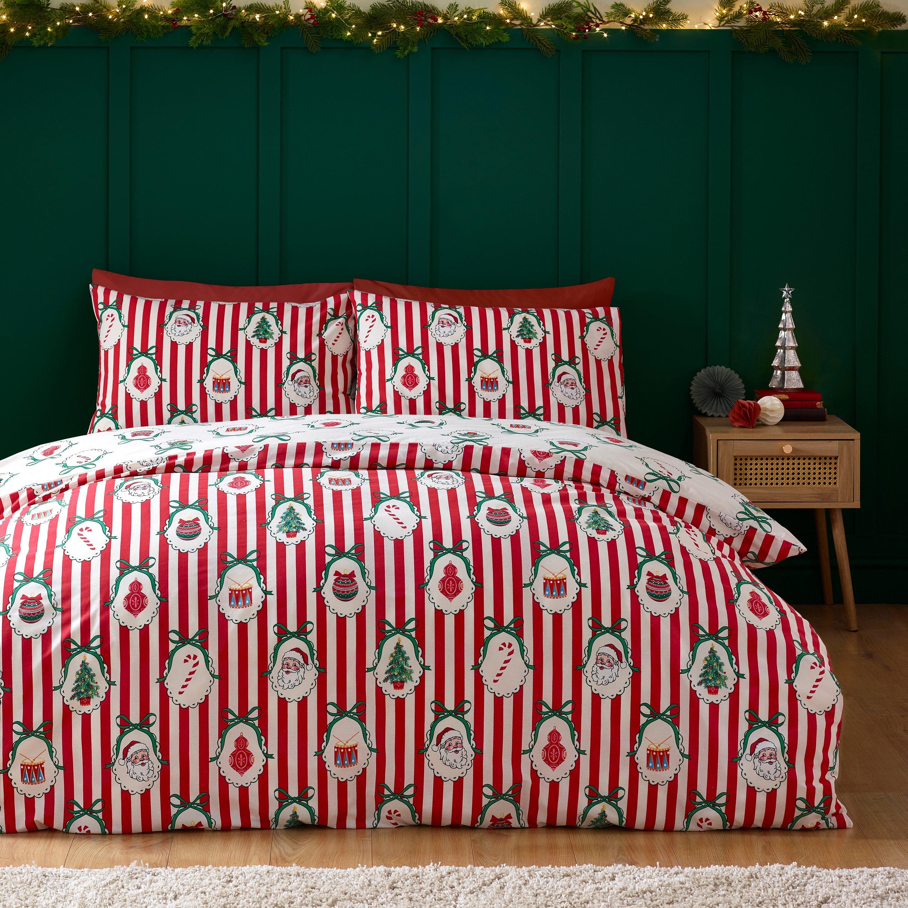 Red - Catherine Lansfield - Christmas Vintage Stripe Duvet Cover Set - 1