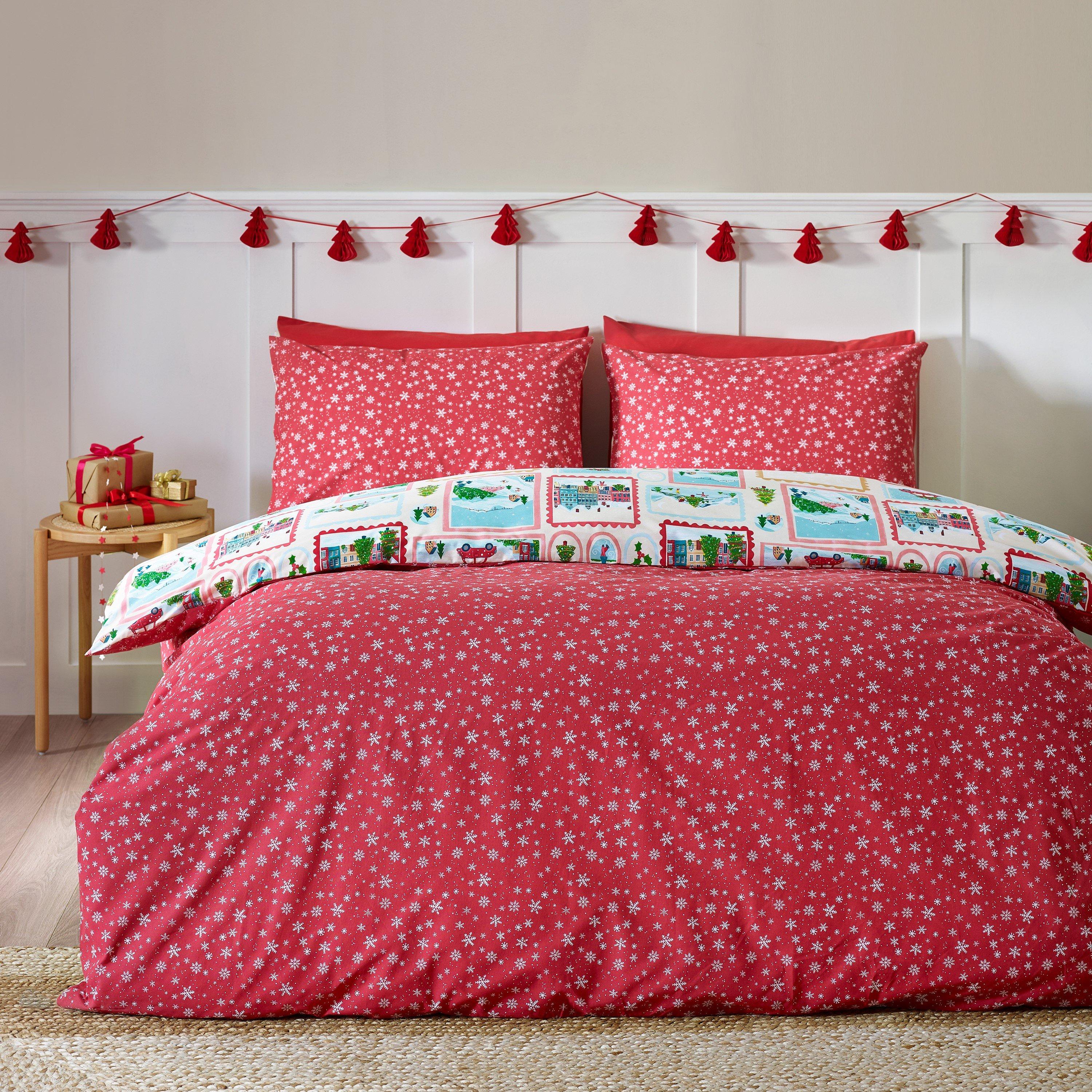 Natural - Catherine Lansfield - Christmas Town Stamps Reversible Duvet Cover Set - 2