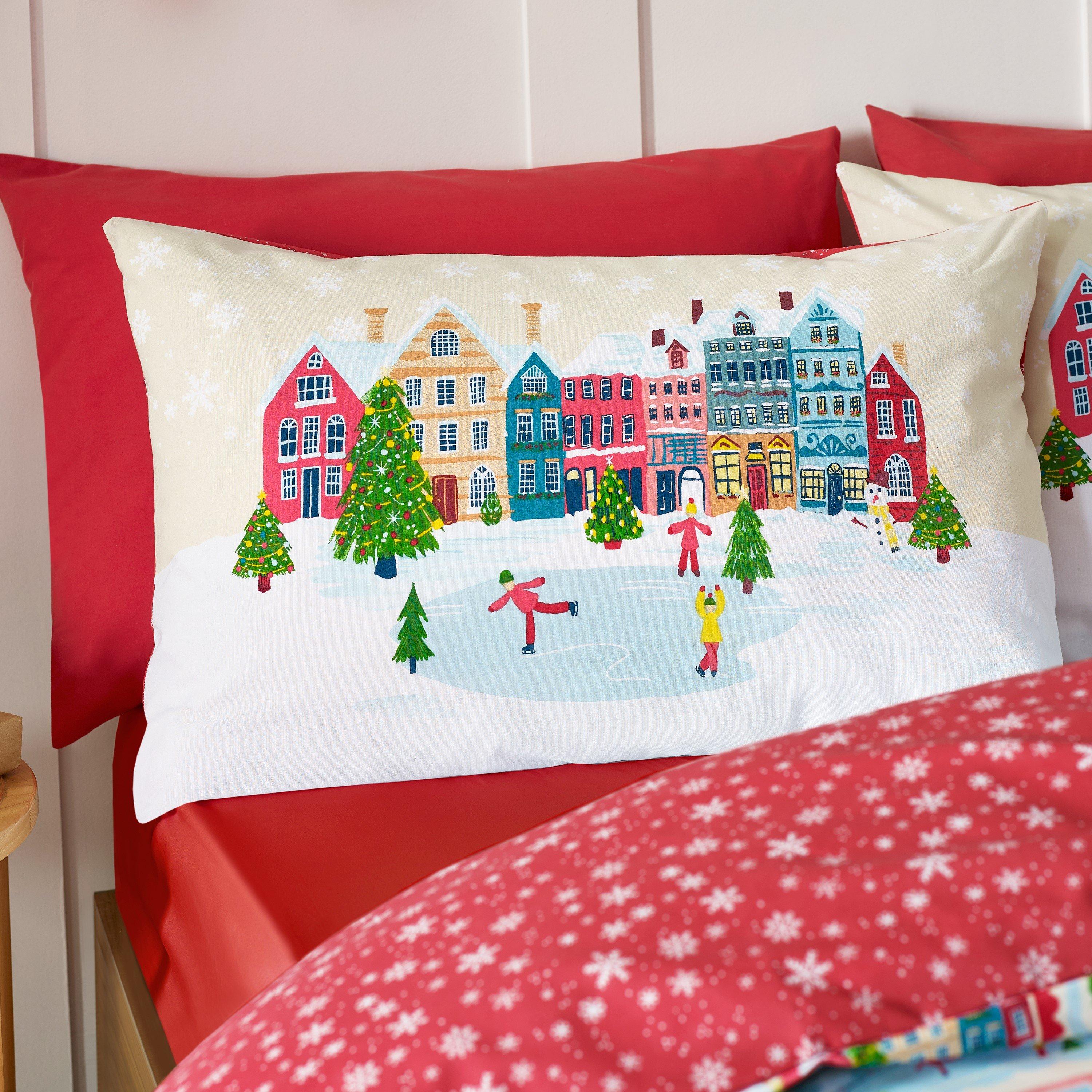 Natural - Catherine Lansfield - Christmas Town Stamps Reversible Duvet Cover Set - 3