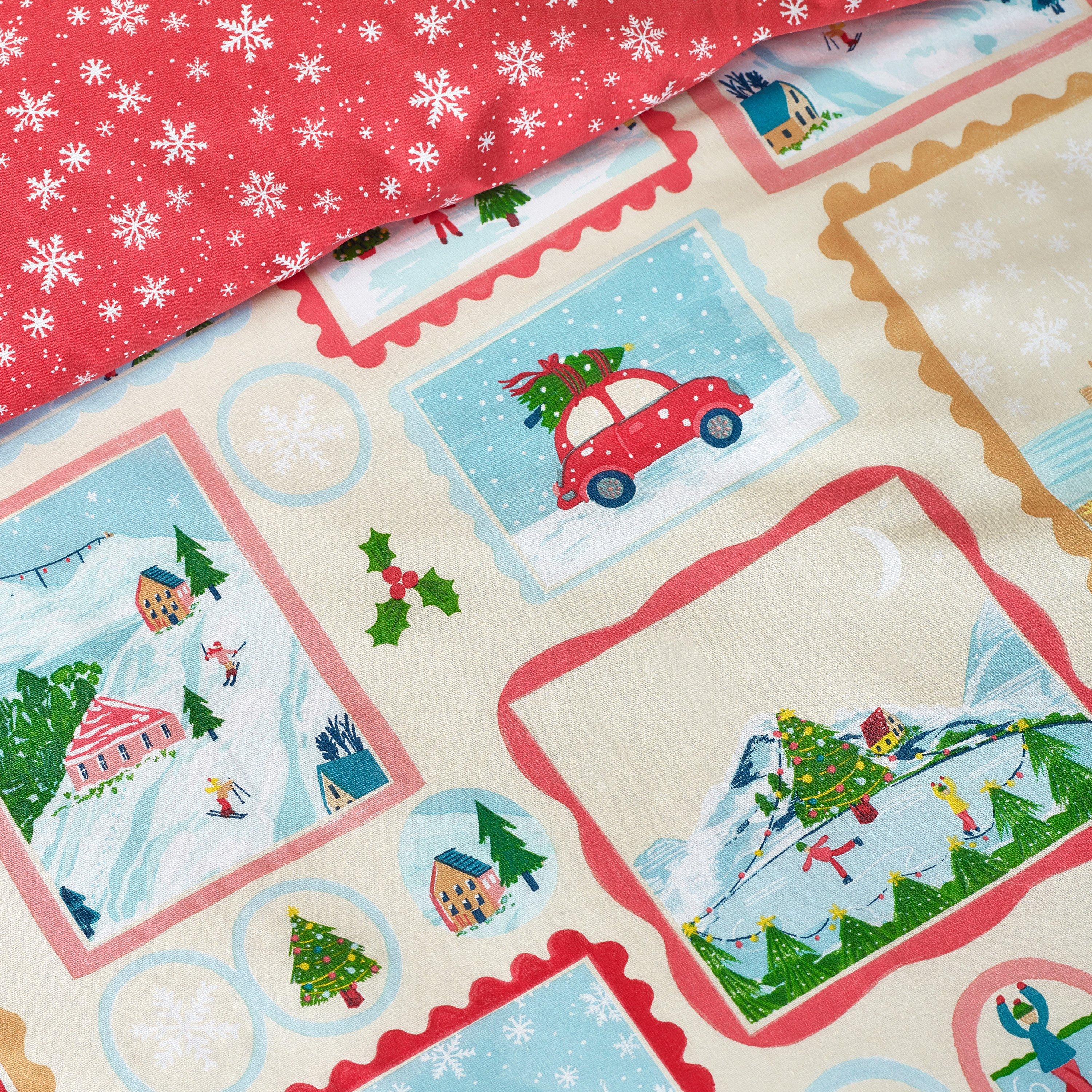 Natural - Catherine Lansfield - Christmas Town Stamps Reversible Duvet Cover Set - 4