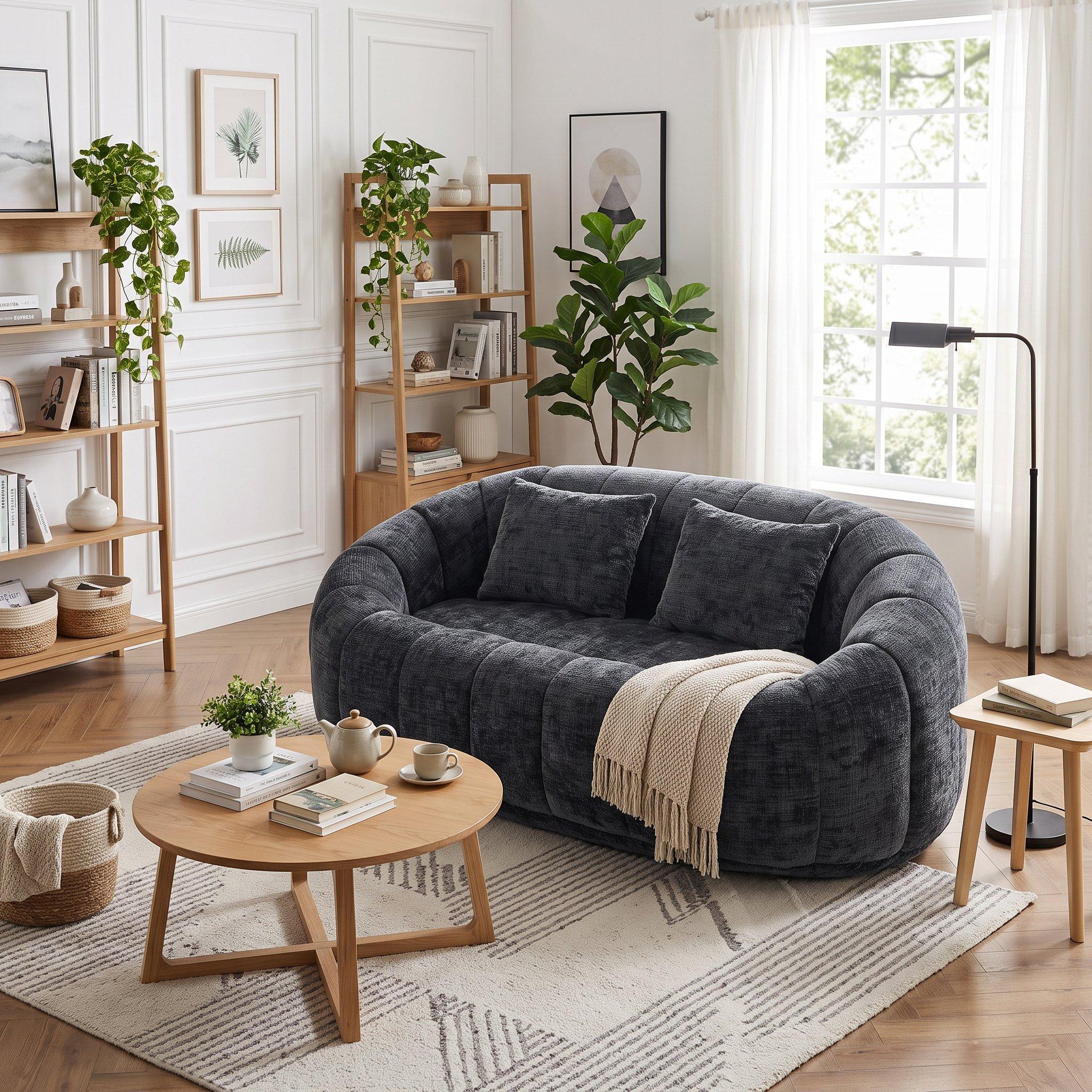 Black - Urban Meuble - Chenille Memory Foam Bean Bag Loveseat Sofa - 3