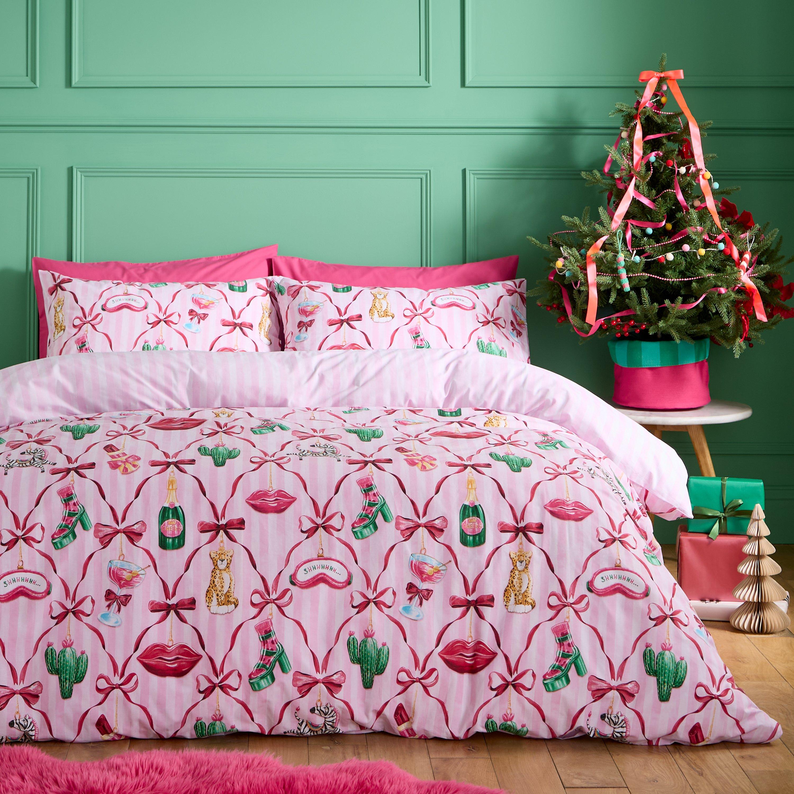 Catherine Lansfield Pink Christmas Kitsch Reversible Duvet Cover Set - King - Image 12