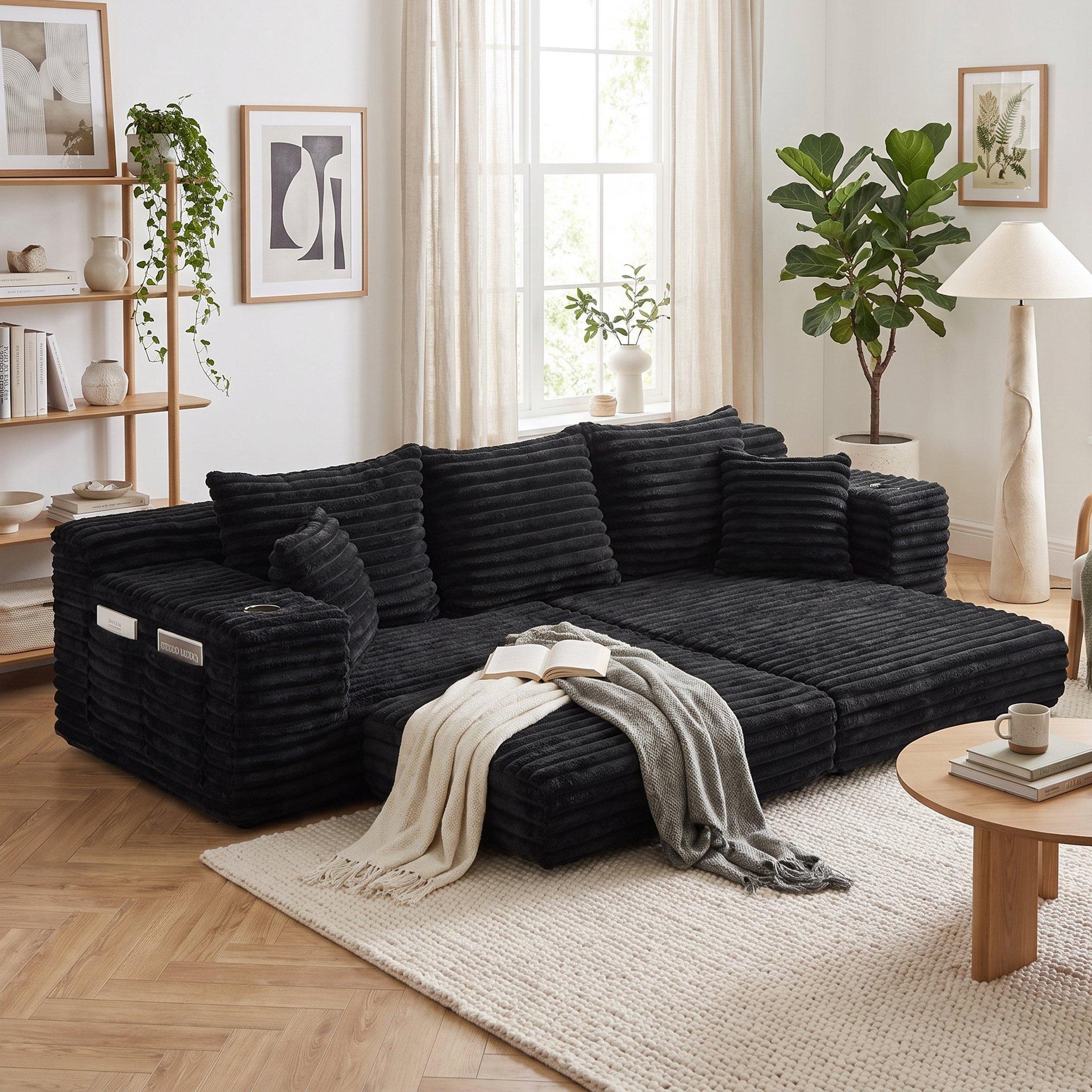 Black - Urban Meuble - Corduroy Convertible Sleeper Sofa - 2