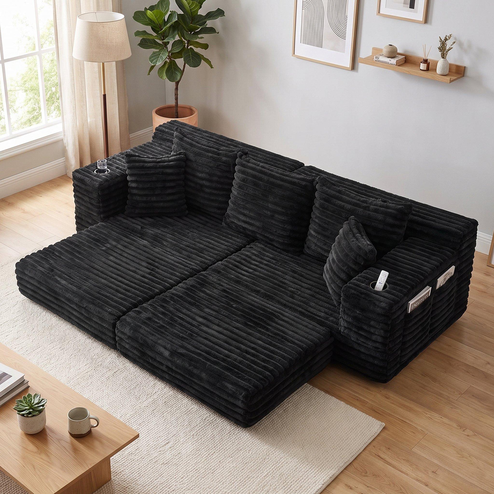 Black - Urban Meuble - Corduroy Convertible Sleeper Sofa - 4